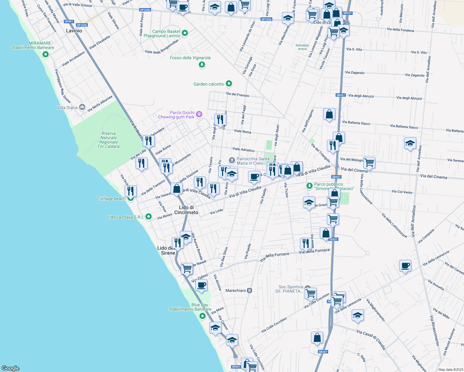 map of restaurants, bars, coffee shops, grocery stores, and more near 16 Via Tirreno in Anzio