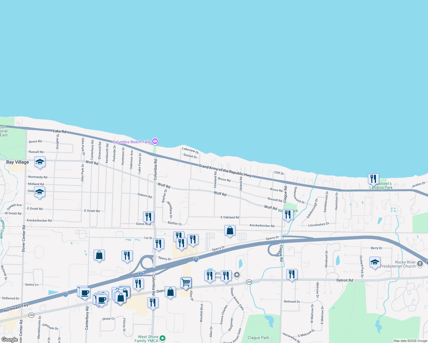 map of restaurants, bars, coffee shops, grocery stores, and more near 24603 Lake Road in Bay Village