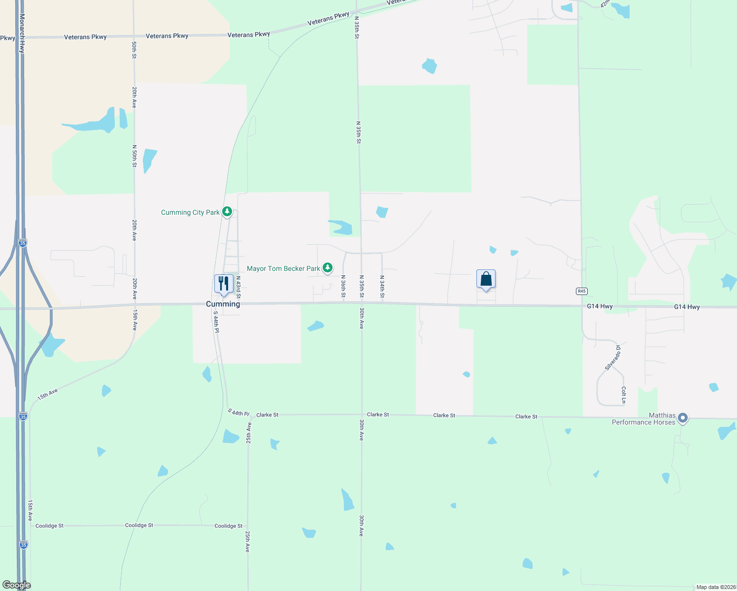 map of restaurants, bars, coffee shops, grocery stores, and more near 110 North 35th Street in Cumming