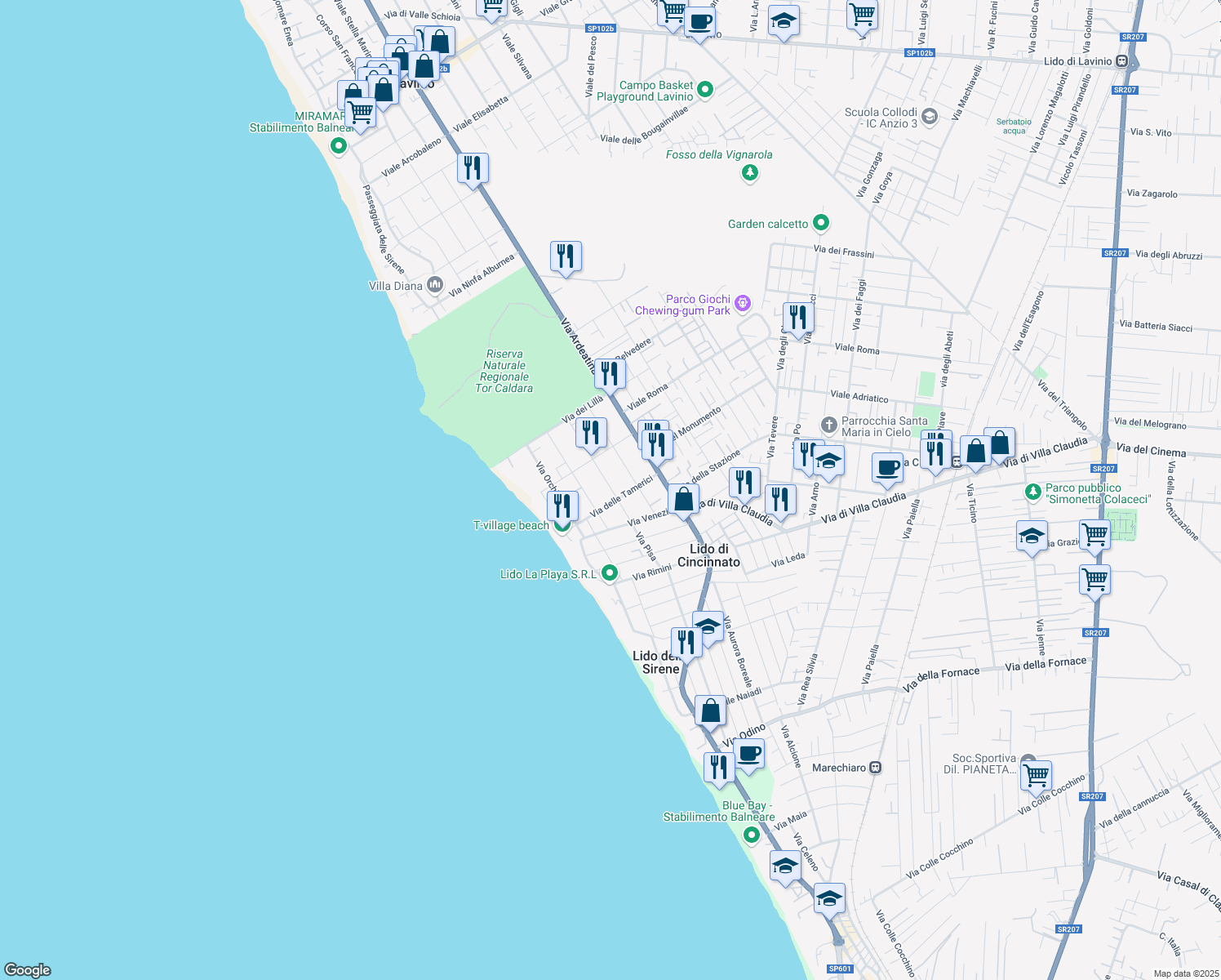 map of restaurants, bars, coffee shops, grocery stores, and more near 34A Via delle Petunie in Anzio