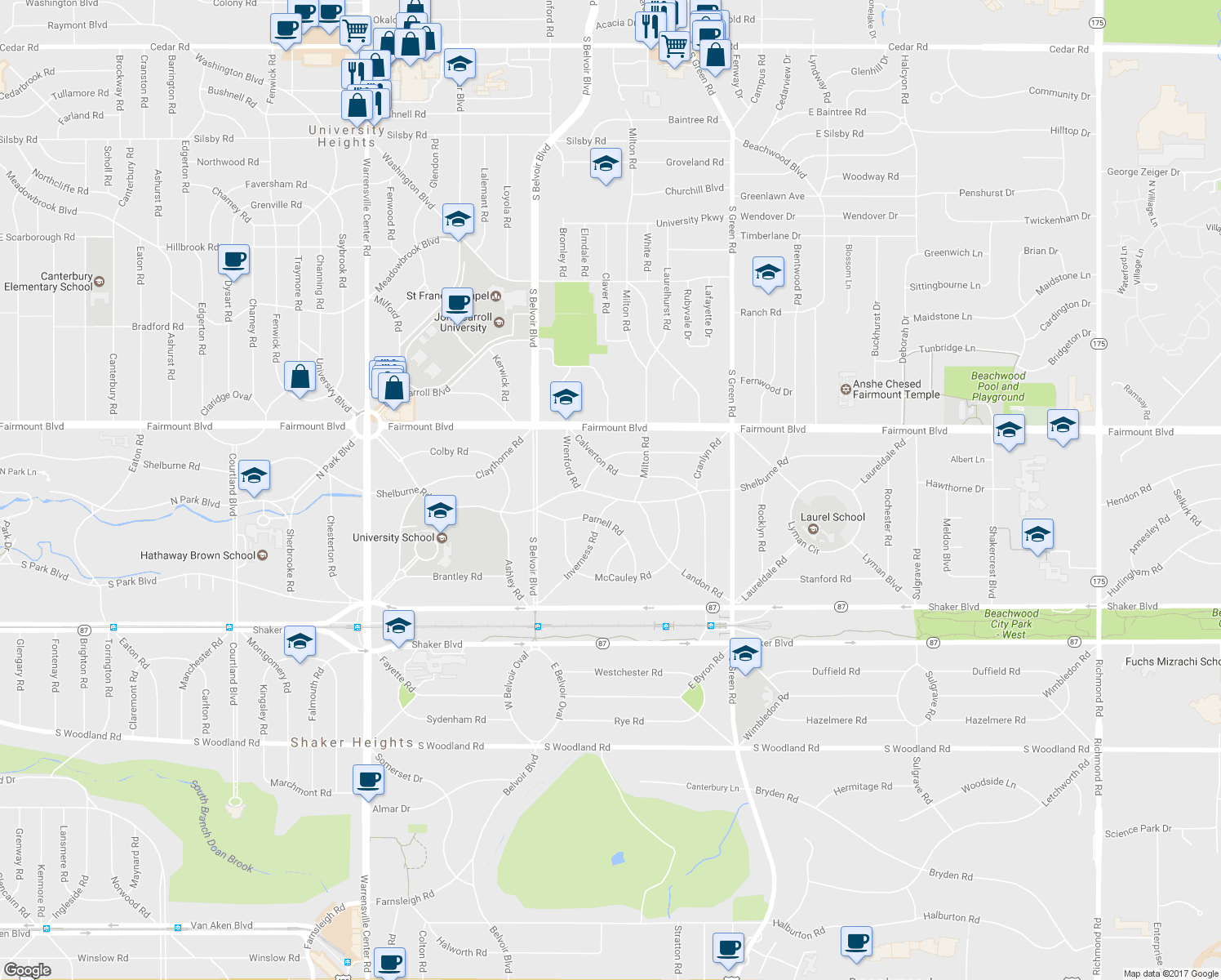 map of restaurants, bars, coffee shops, grocery stores, and more near 22149 Shelburne Road in Shaker Heights