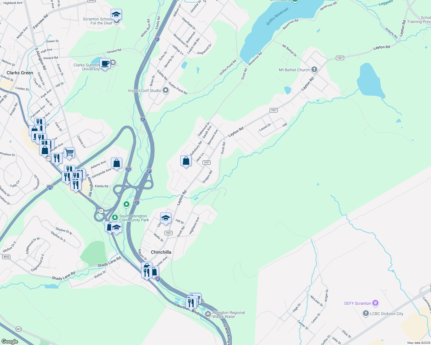 map of restaurants, bars, coffee shops, grocery stores, and more near 803 Scott Rd in Clarks Summit
