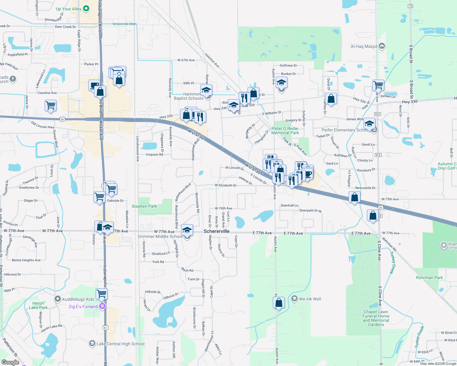 map of restaurants, bars, coffee shops, grocery stores, and more near 36 West Elizabeth Drive in Schererville