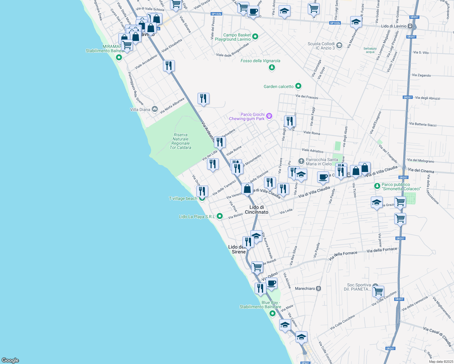 map of restaurants, bars, coffee shops, grocery stores, and more near 27 Via delle Begonie in Anzio