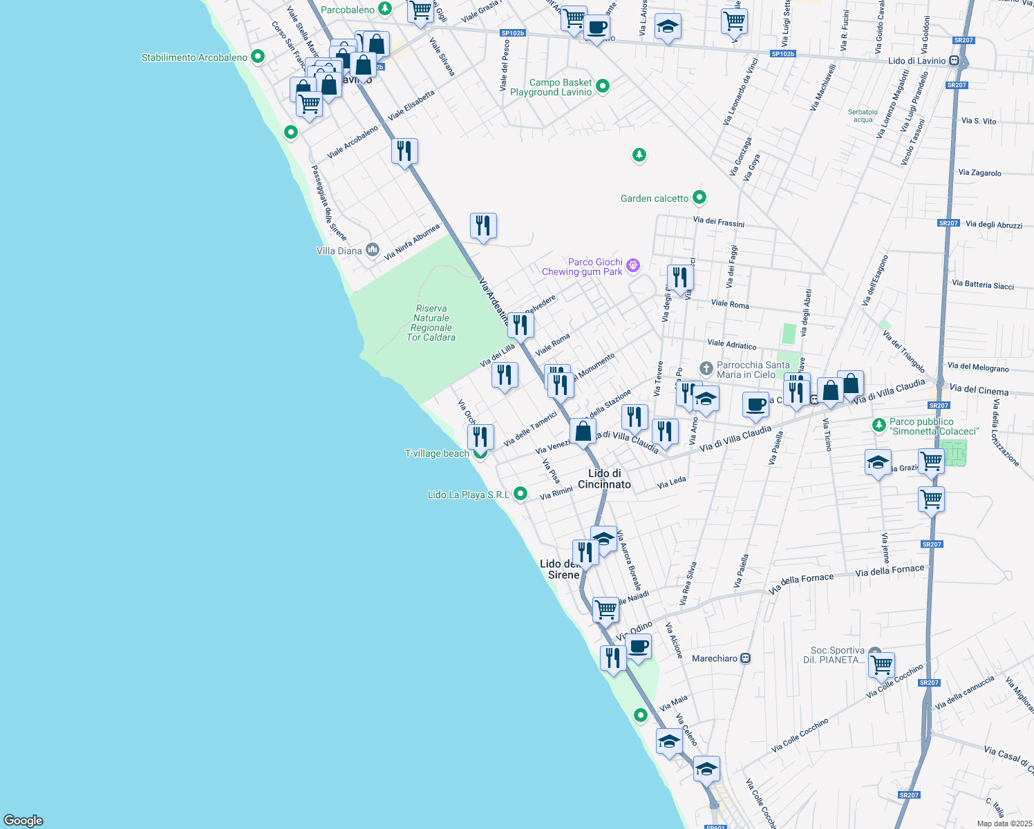 map of restaurants, bars, coffee shops, grocery stores, and more near 34A Via delle Petunie in Anzio