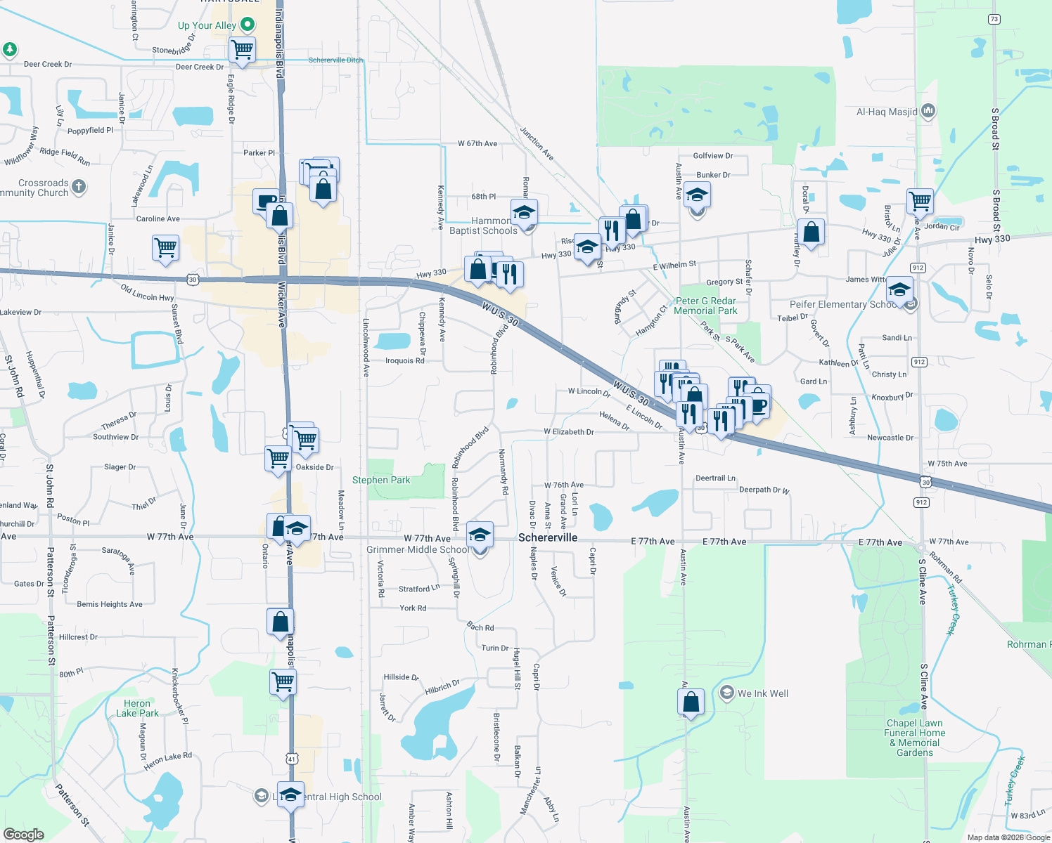 map of restaurants, bars, coffee shops, grocery stores, and more near 190 W Elizabeth Dr in Schererville