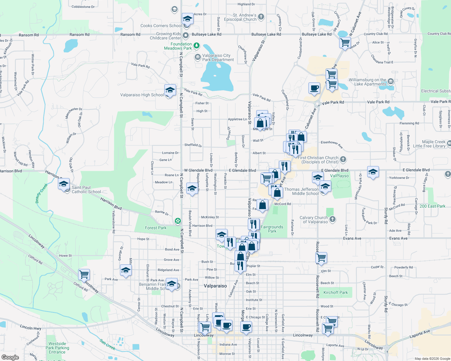 map of restaurants, bars, coffee shops, grocery stores, and more near 1799 Franklin St in Valparaiso