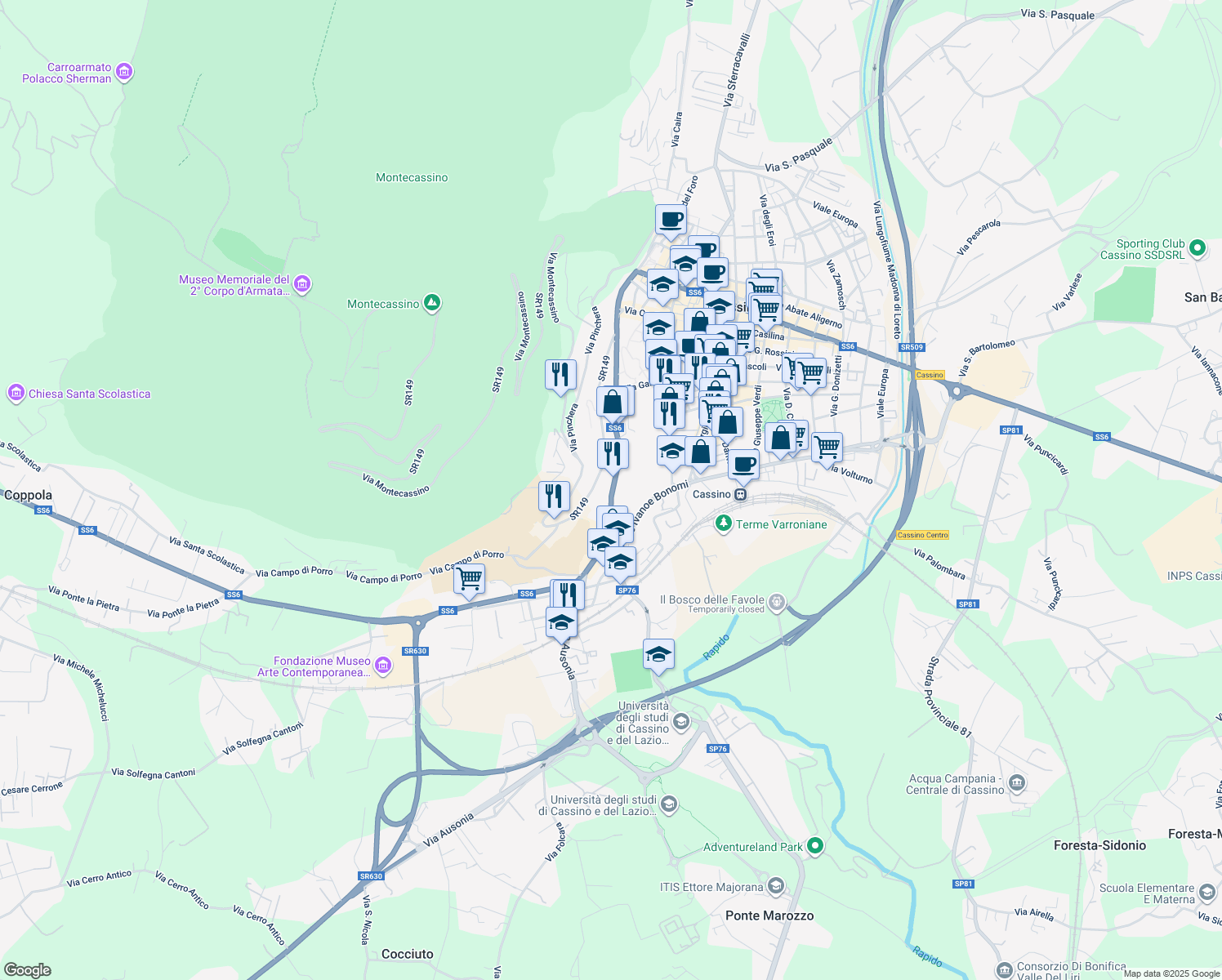 map of restaurants, bars, coffee shops, grocery stores, and more near 206 Via Gaetano di Biasio in Cassino