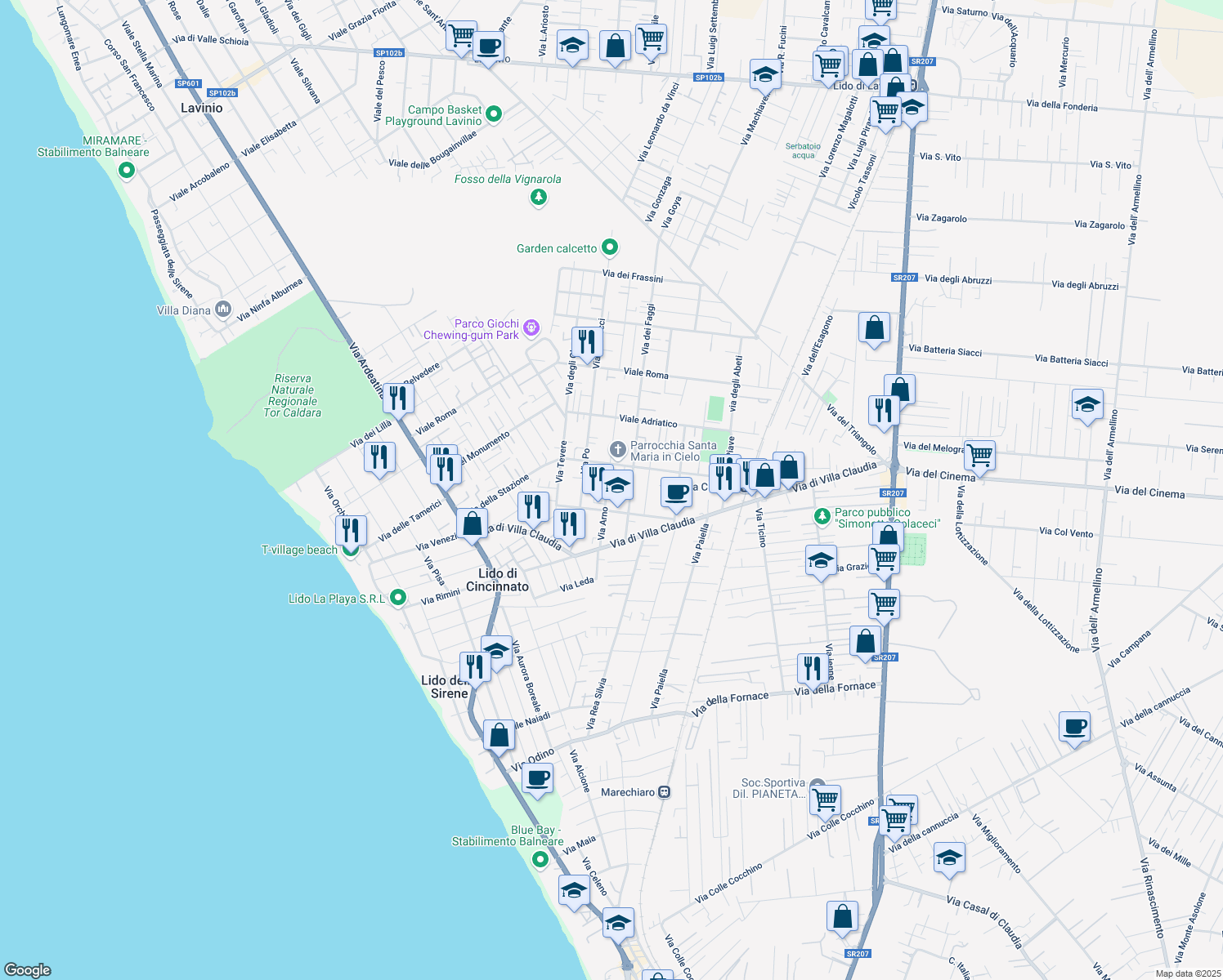 map of restaurants, bars, coffee shops, grocery stores, and more near 16 Via Tirreno in Anzio