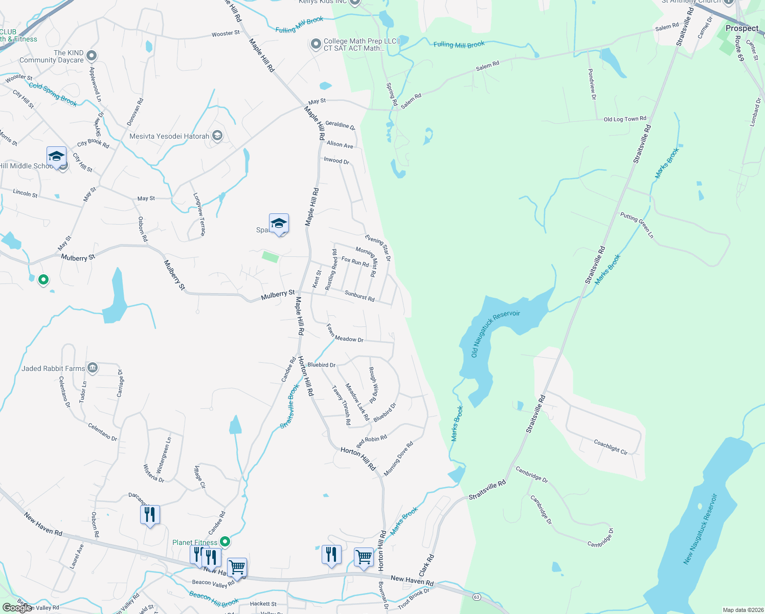 map of restaurants, bars, coffee shops, grocery stores, and more near 112 Sunburst Road in Naugatuck