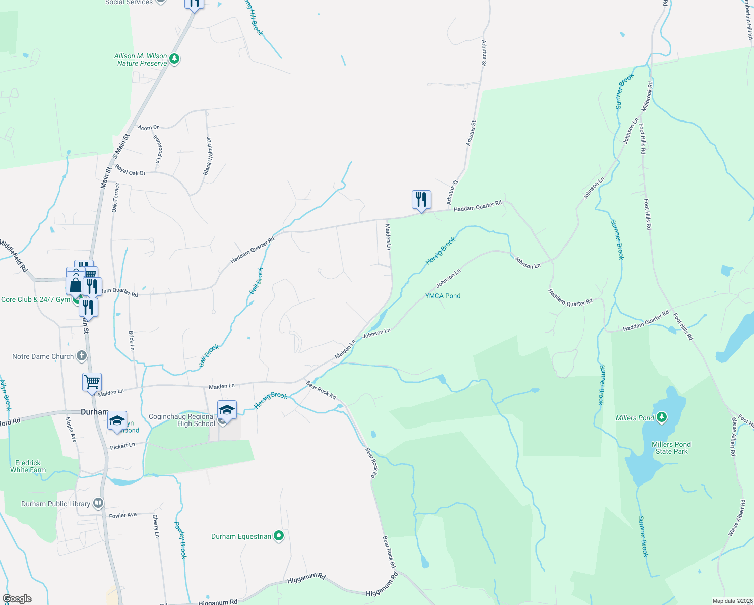 map of restaurants, bars, coffee shops, grocery stores, and more near 398 Maiden Lane in Durham