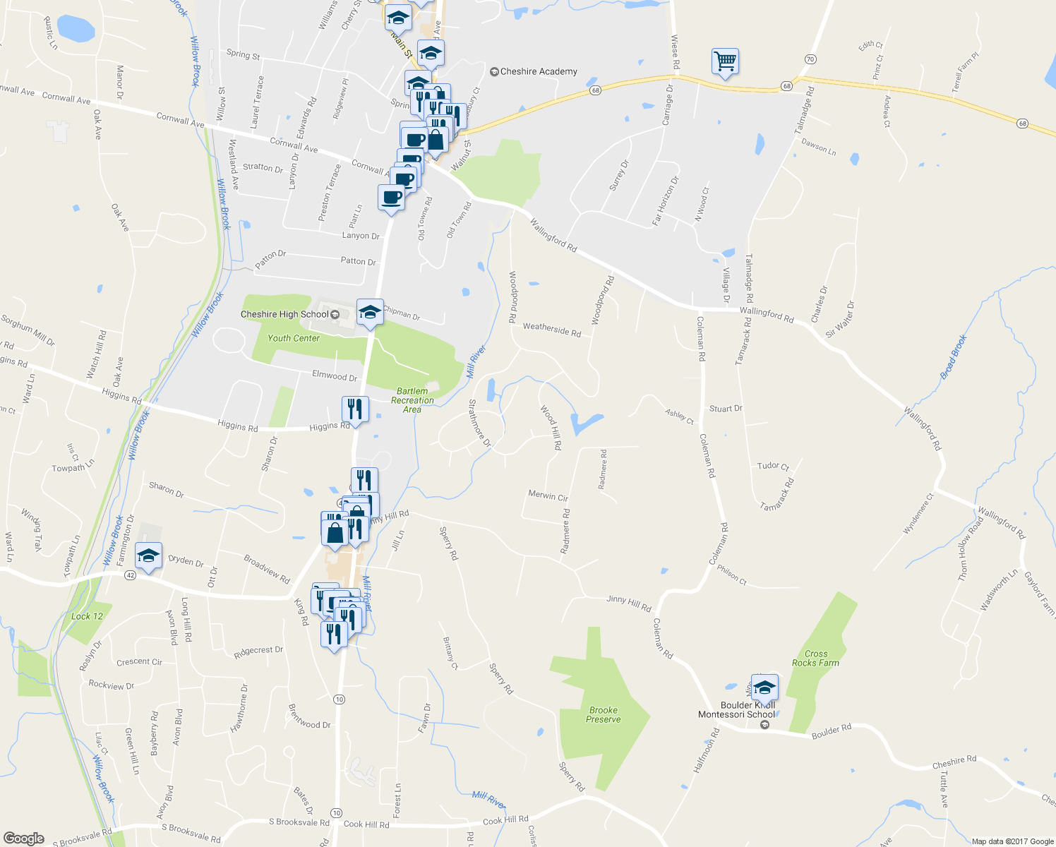 map of restaurants, bars, coffee shops, grocery stores, and more near 204 Cricket Court in Cheshire