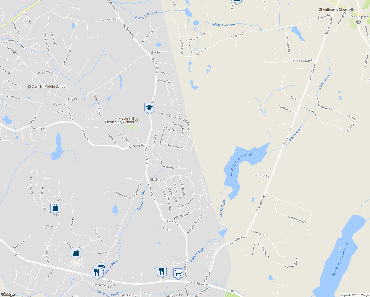 map of restaurants, bars, coffee shops, grocery stores, and more near 3 Evening Star Drive in Naugatuck
