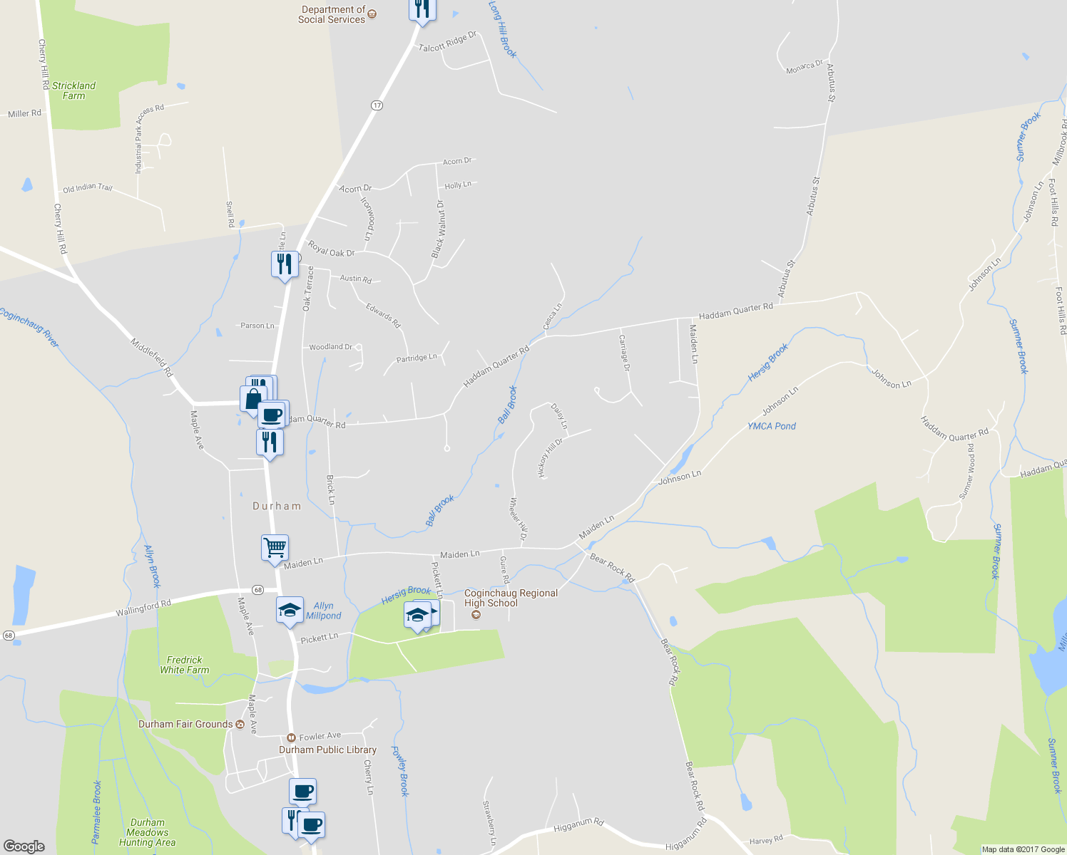 map of restaurants, bars, coffee shops, grocery stores, and more near 15 Wheeler Hill Drive in Durham