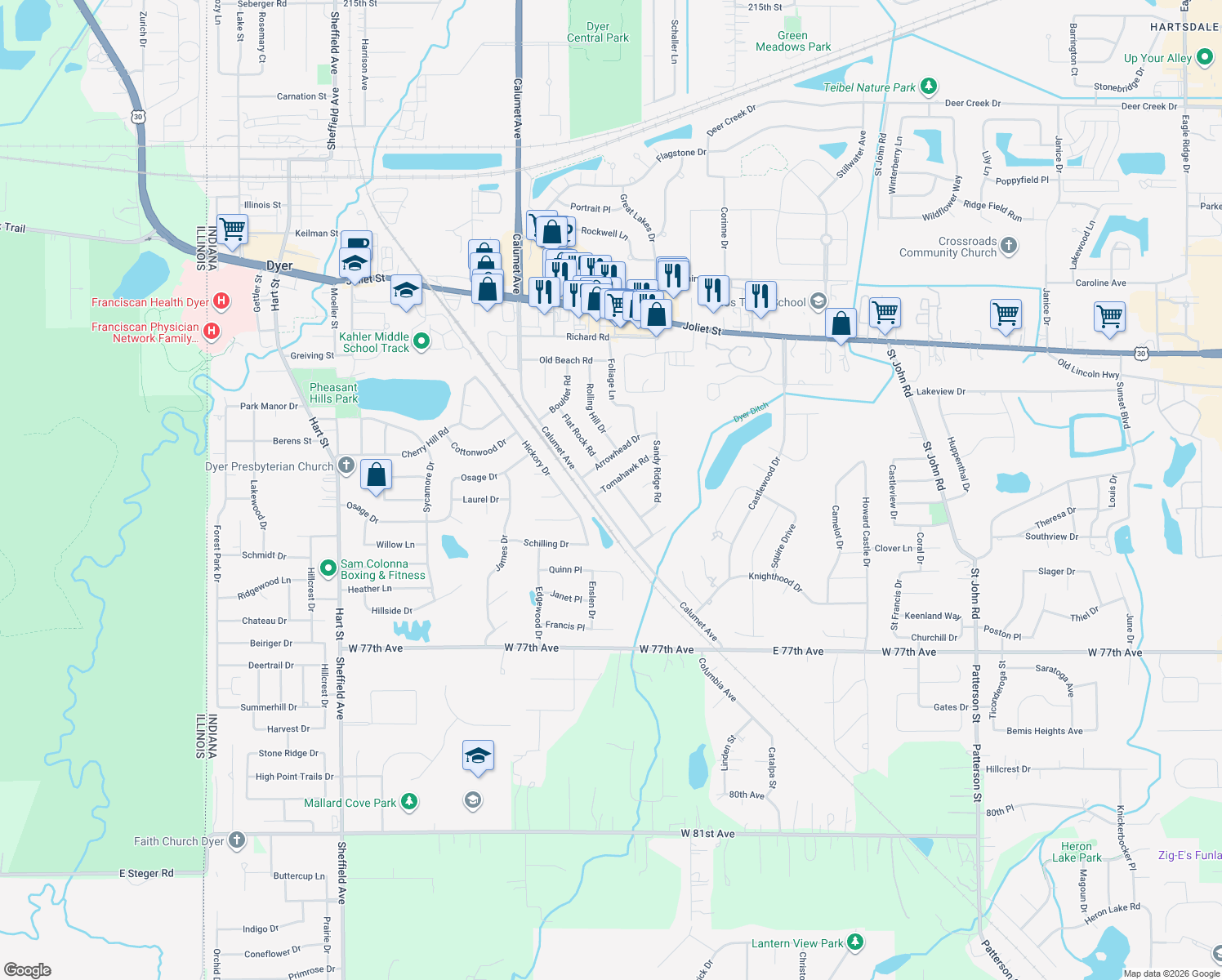 map of restaurants, bars, coffee shops, grocery stores, and more near 2534 Fossil Stone Road in Dyer