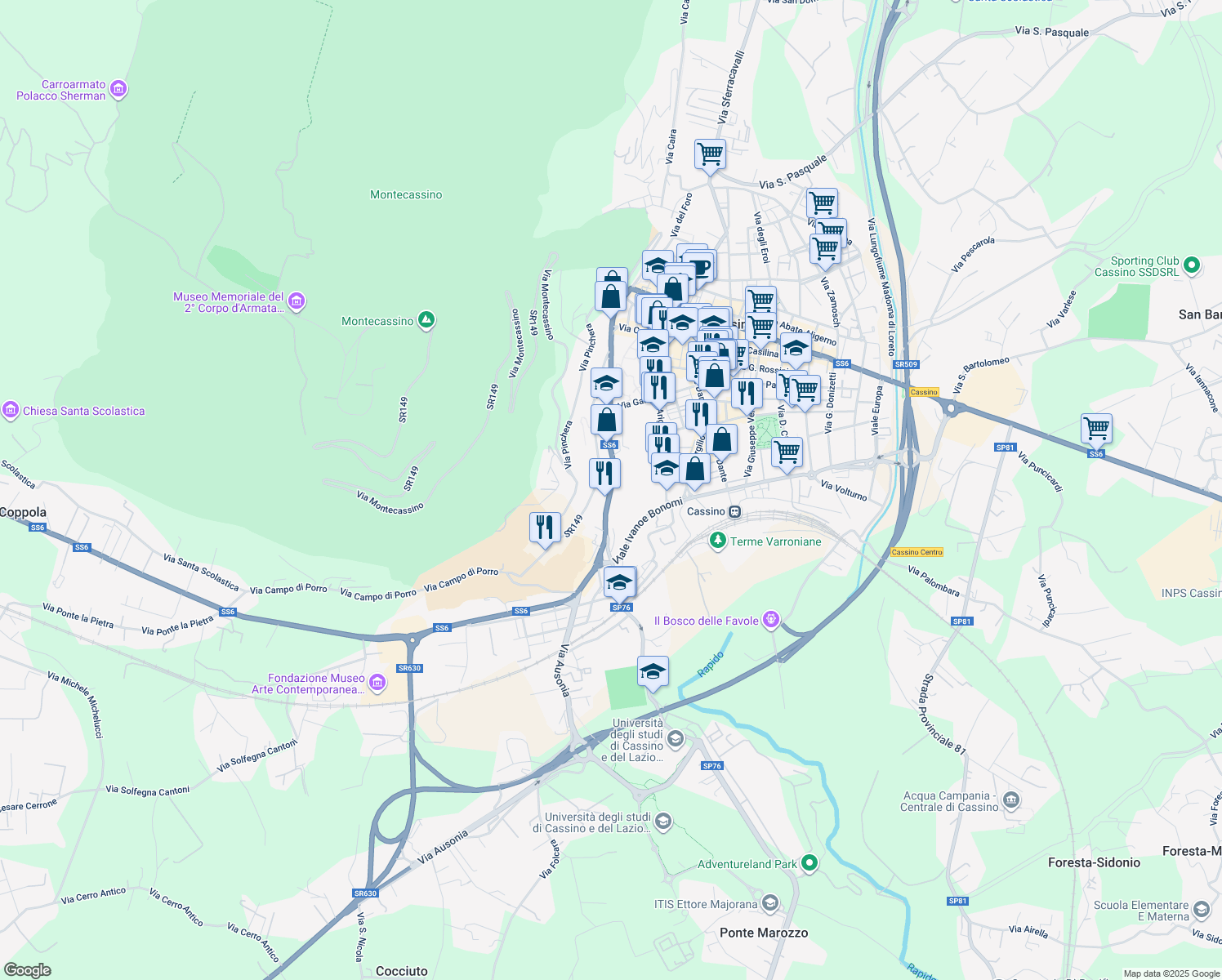 map of restaurants, bars, coffee shops, grocery stores, and more near 206 Via Gaetano di Biasio in Cassino