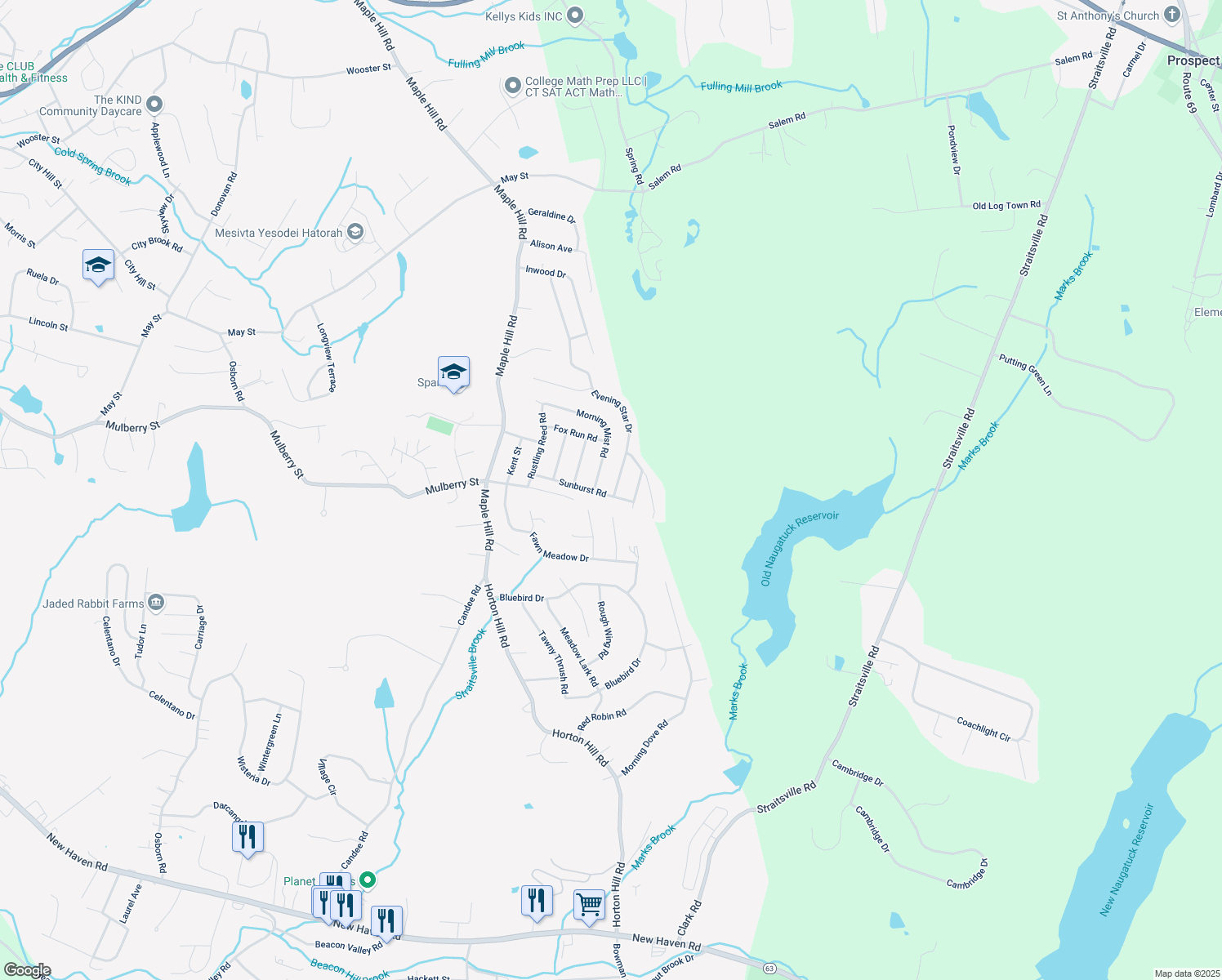 map of restaurants, bars, coffee shops, grocery stores, and more near 112 Sunburst Road in Naugatuck
