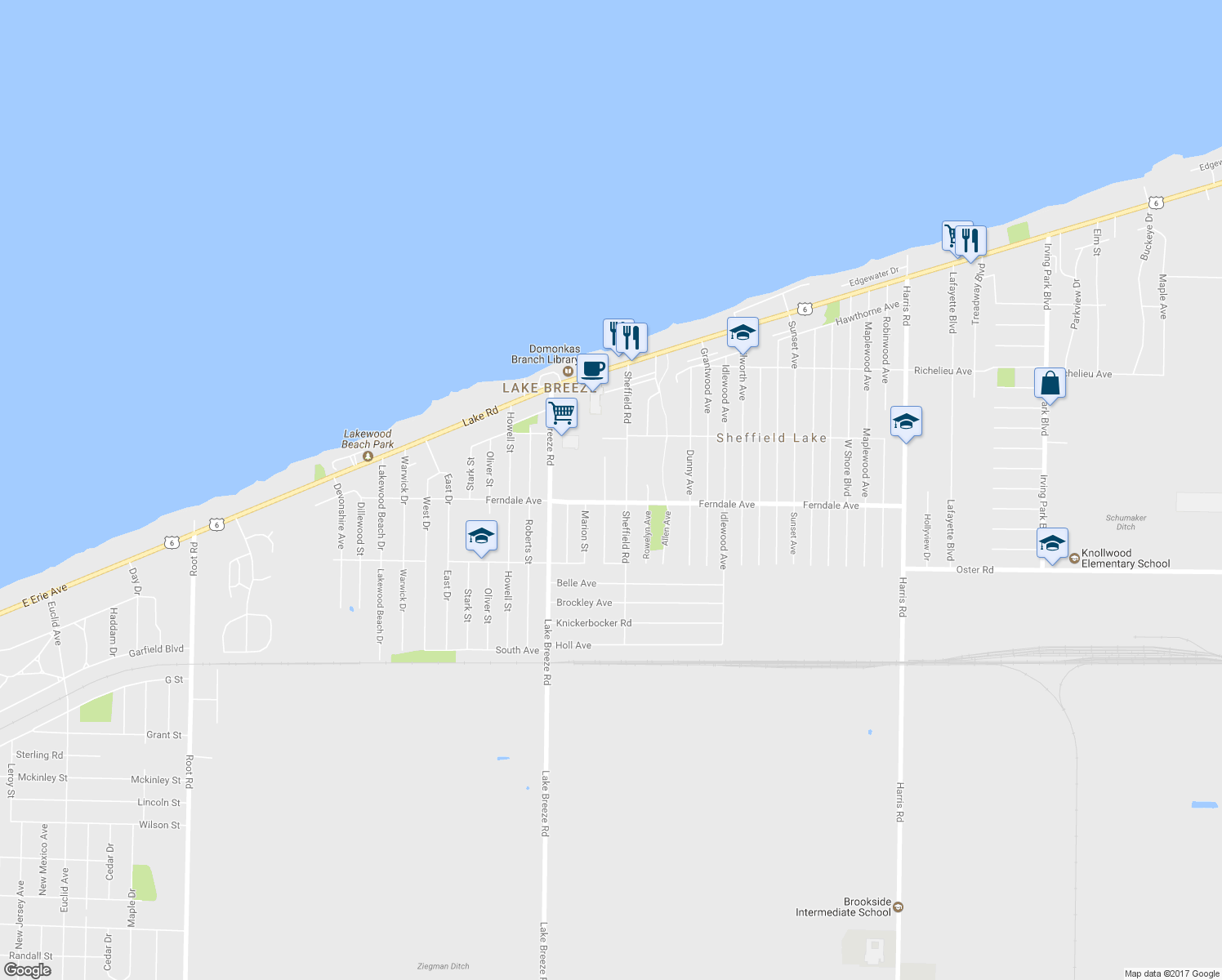 map of restaurants, bars, coffee shops, grocery stores, and more near 777 Community Road in Sheffield Lake