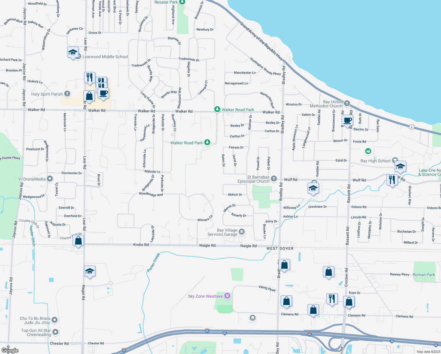 map of restaurants, bars, coffee shops, grocery stores, and more near 456 Bates Drive in Bay Village