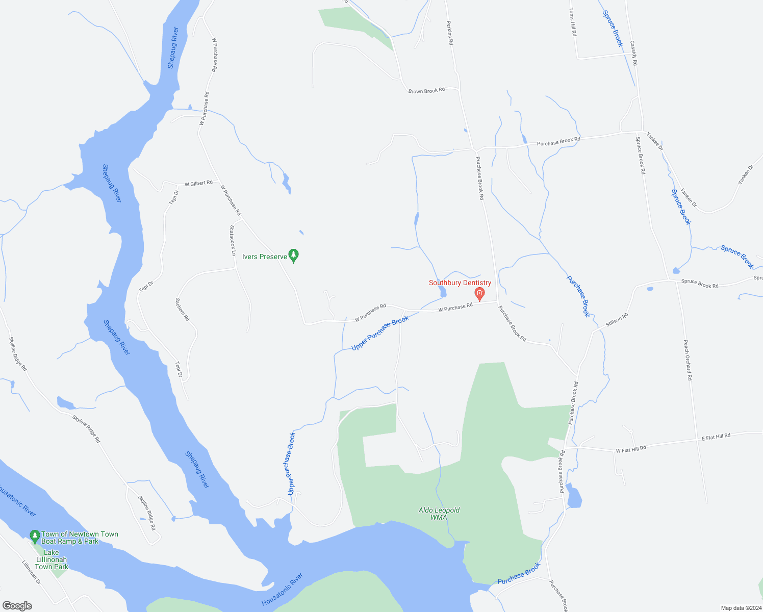 map of restaurants, bars, coffee shops, grocery stores, and more near 276 West Purchase Road in Southbury