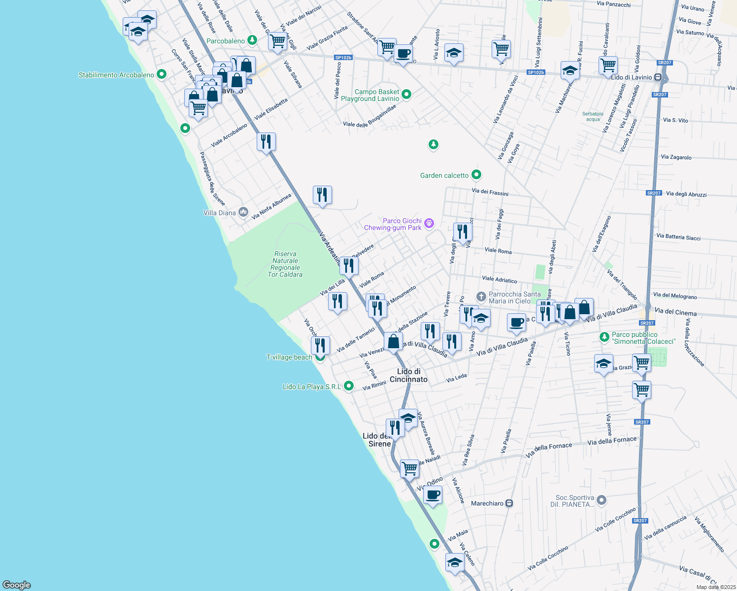 map of restaurants, bars, coffee shops, grocery stores, and more near 7 Viale Roma in Anzio