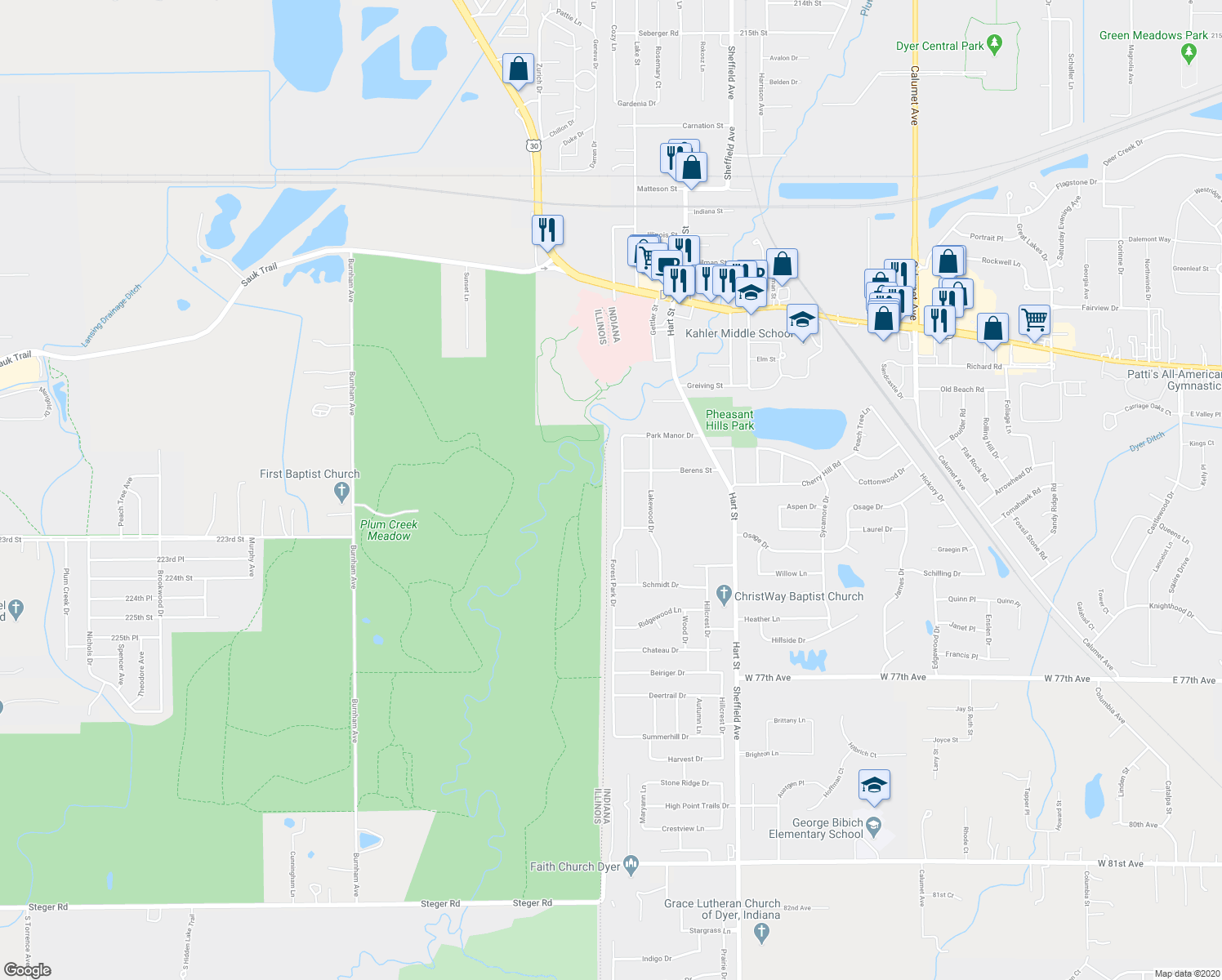 map of restaurants, bars, coffee shops, grocery stores, and more near 2446 Forest Park Drive in Dyer