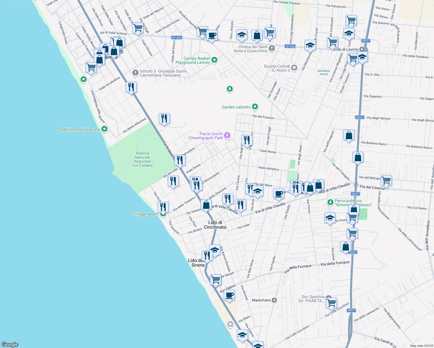 map of restaurants, bars, coffee shops, grocery stores, and more near 77 Via del Monumento in Anzio