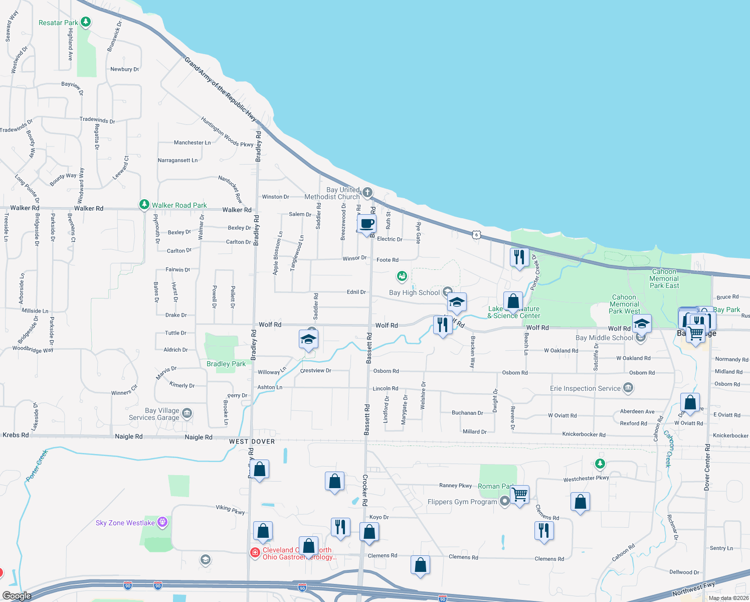 map of restaurants, bars, coffee shops, grocery stores, and more near 427 Bassett Road in Bay Village