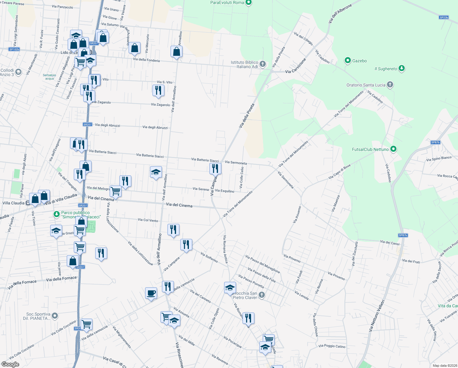 map of restaurants, bars, coffee shops, grocery stores, and more near 6 Via Colle Palatino in Nettuno