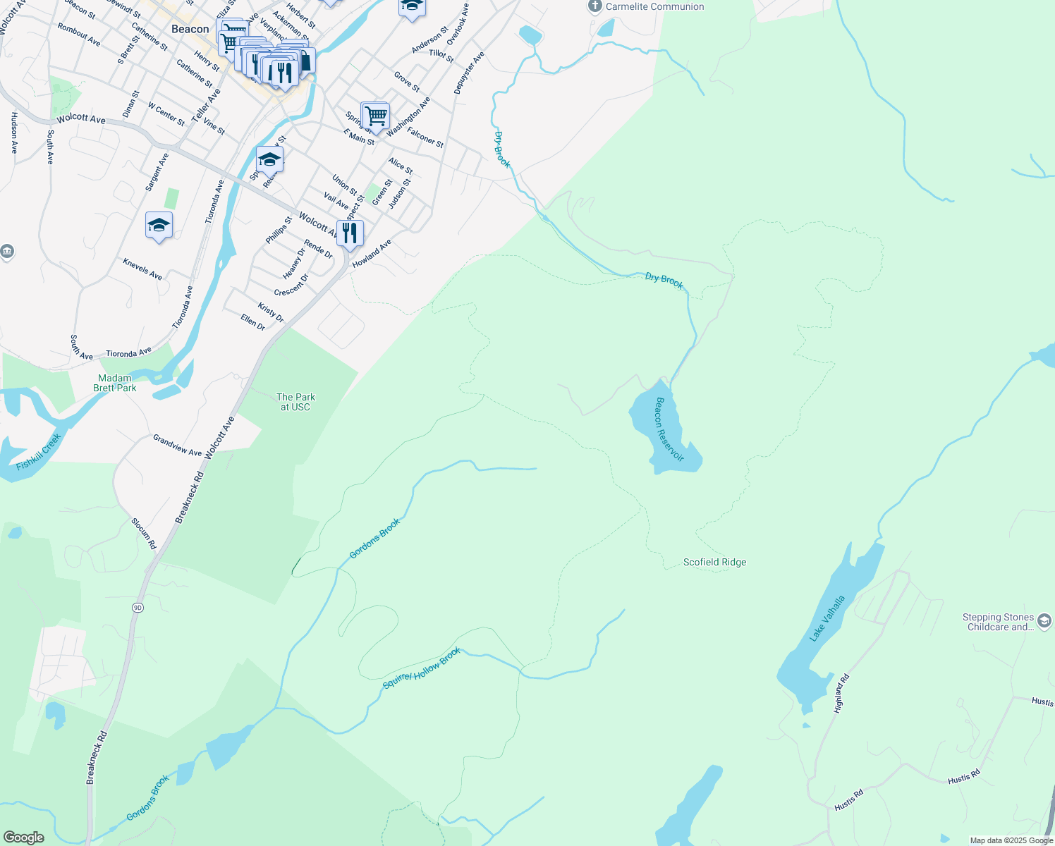 map of restaurants, bars, coffee shops, grocery stores, and more near Breakneck Ridge Trail in Beacon