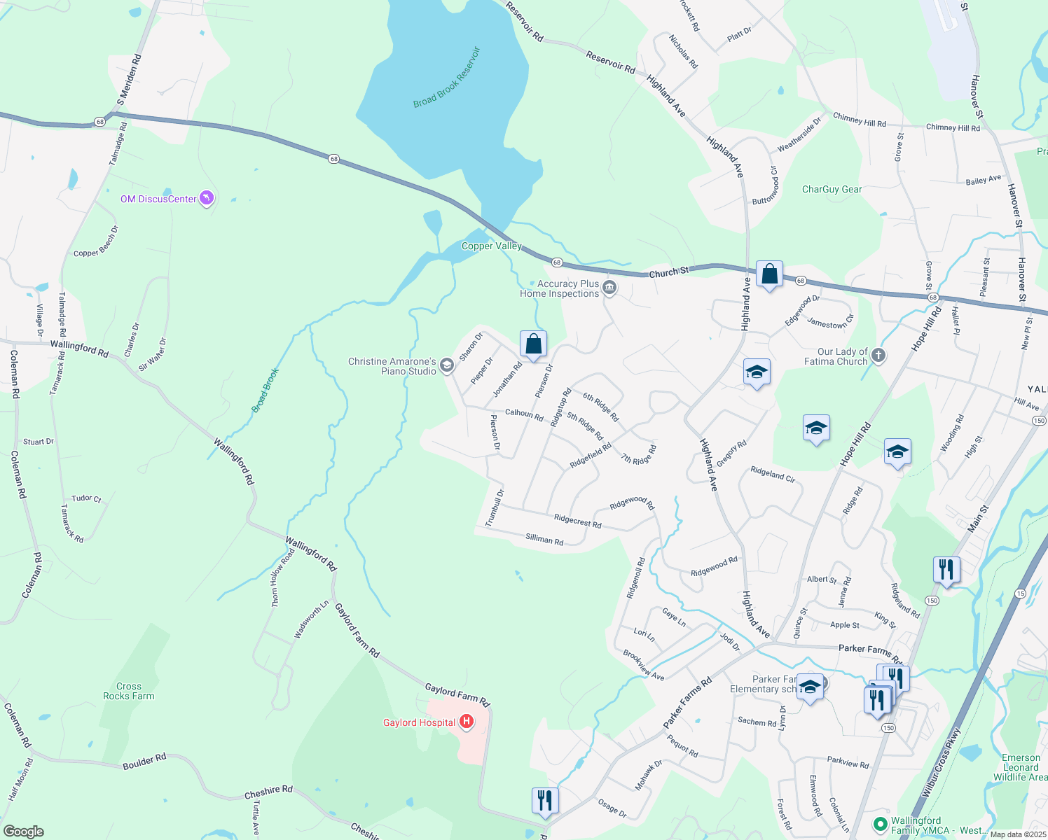 map of restaurants, bars, coffee shops, grocery stores, and more near 67 Pierson Drive in Wallingford