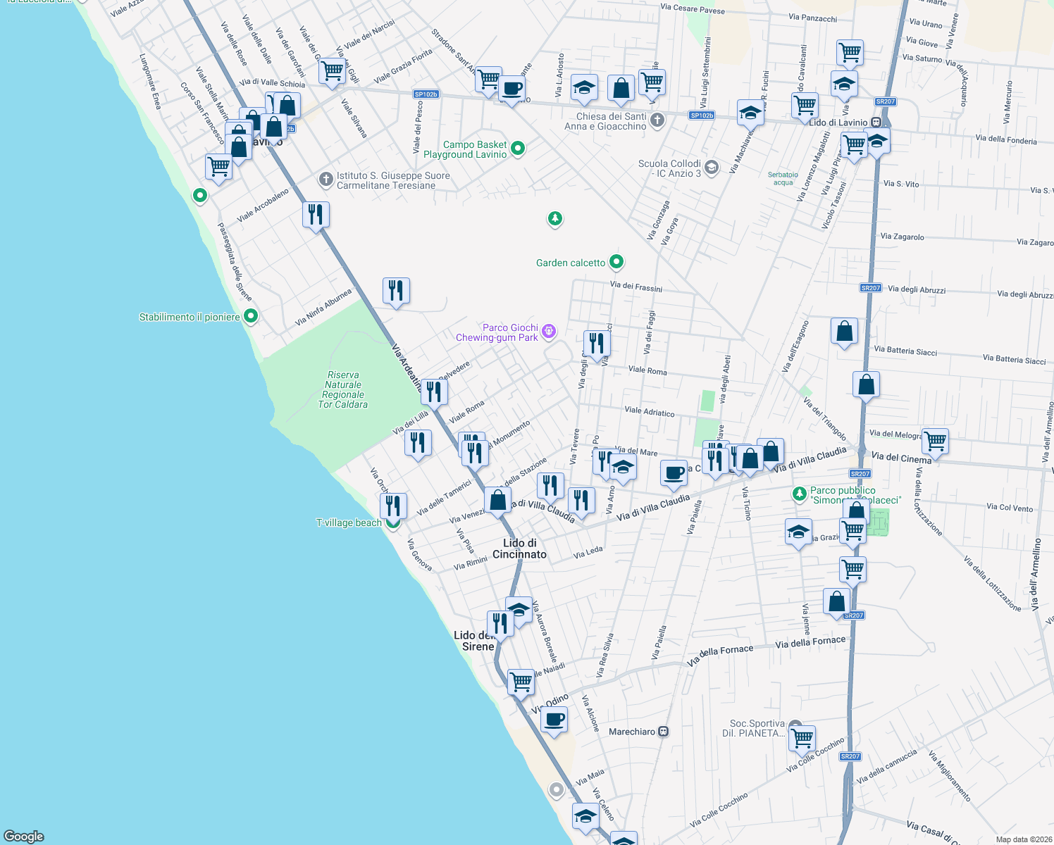 map of restaurants, bars, coffee shops, grocery stores, and more near 77 Via del Monumento in Anzio