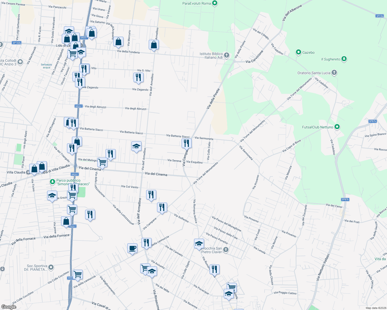 map of restaurants, bars, coffee shops, grocery stores, and more near 6 Via Colle Palatino in Nettuno