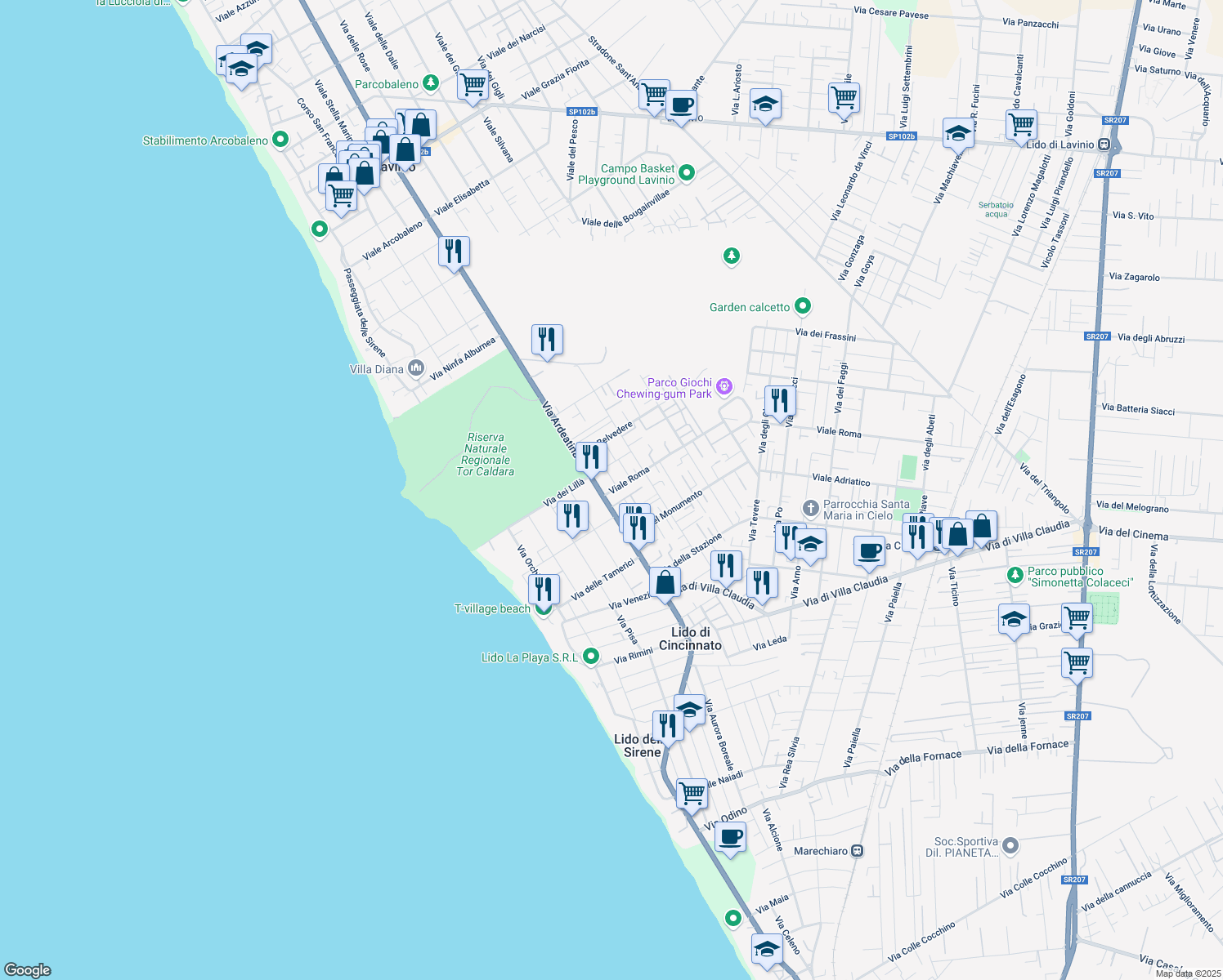 map of restaurants, bars, coffee shops, grocery stores, and more near 7 Viale Roma in Anzio