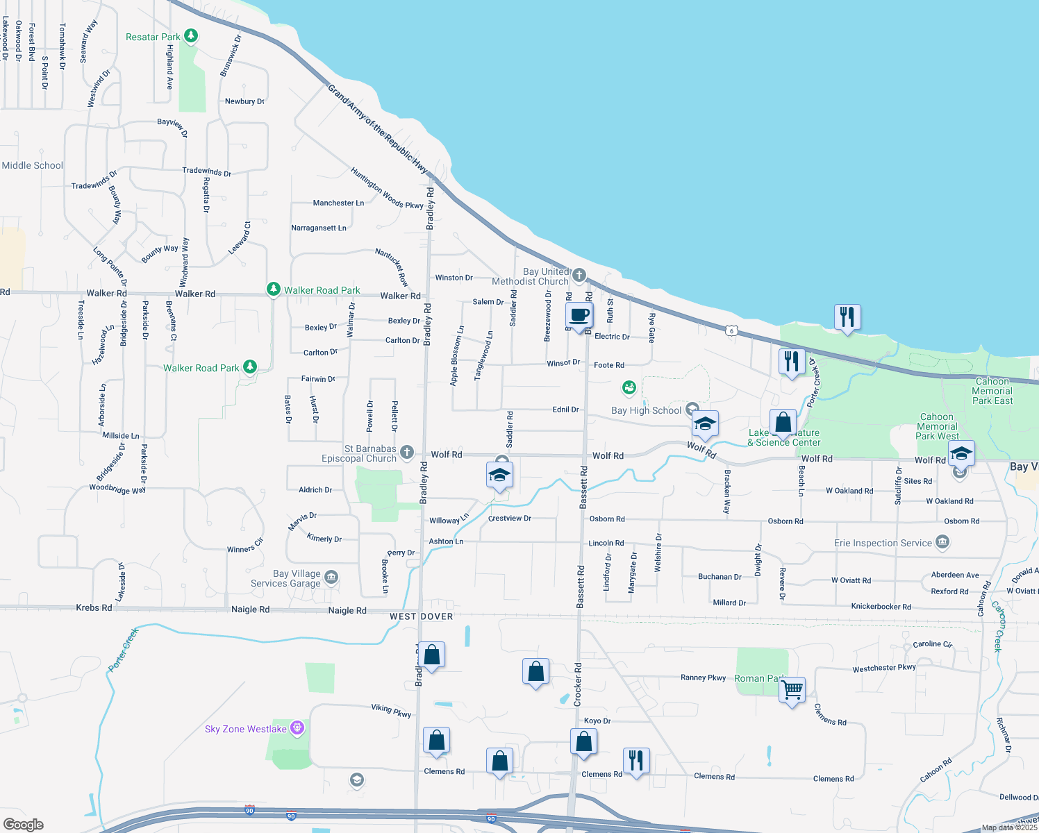 map of restaurants, bars, coffee shops, grocery stores, and more near 30225 Ednil Drive in Bay Village