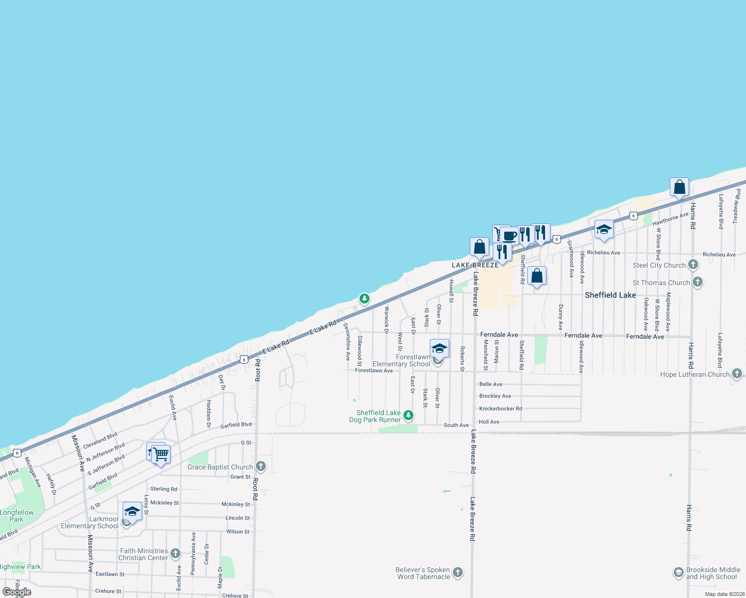 map of restaurants, bars, coffee shops, grocery stores, and more near 3801 Lake Road in Sheffield Lake