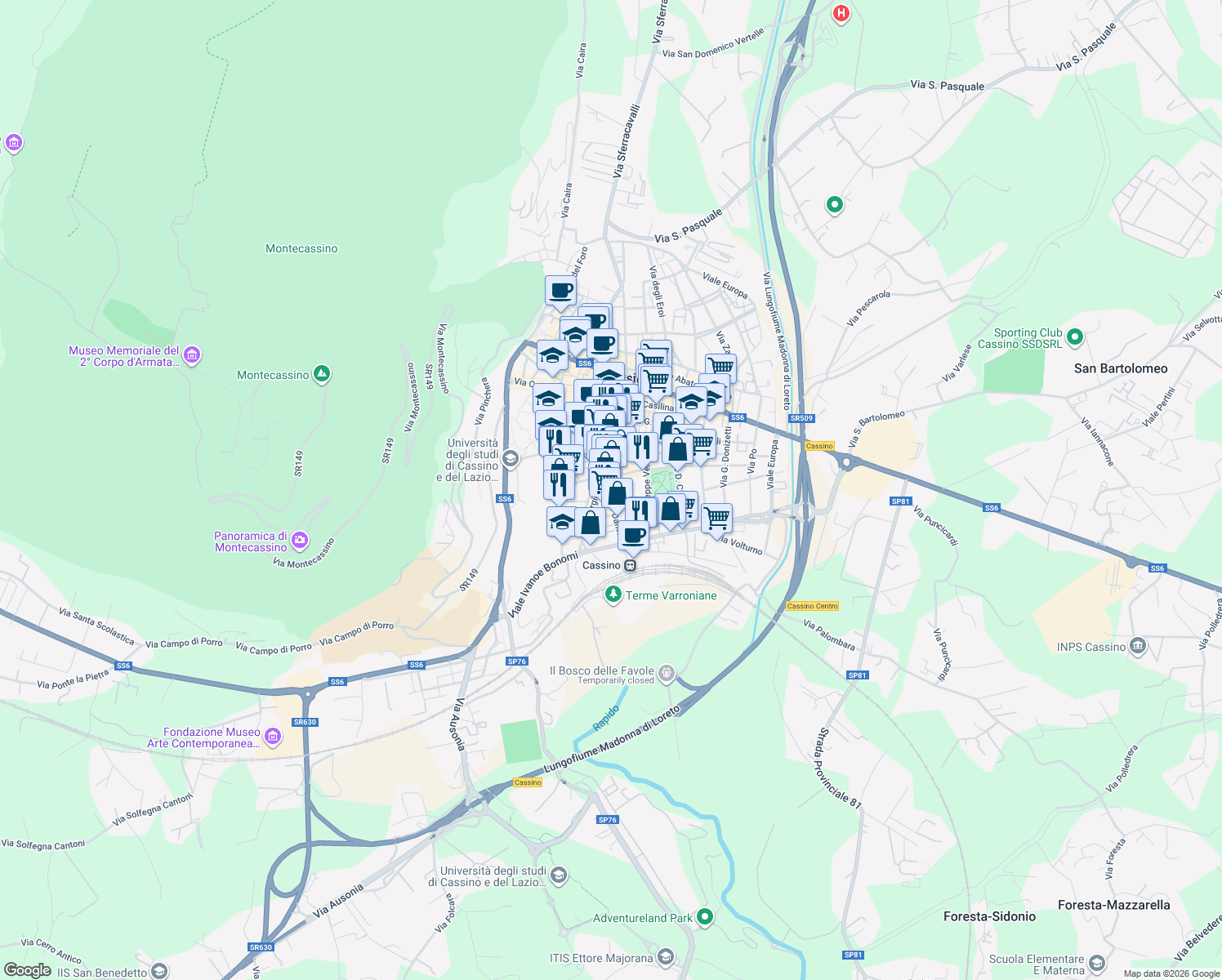 map of restaurants, bars, coffee shops, grocery stores, and more near 99 Viale Dante in Cassino