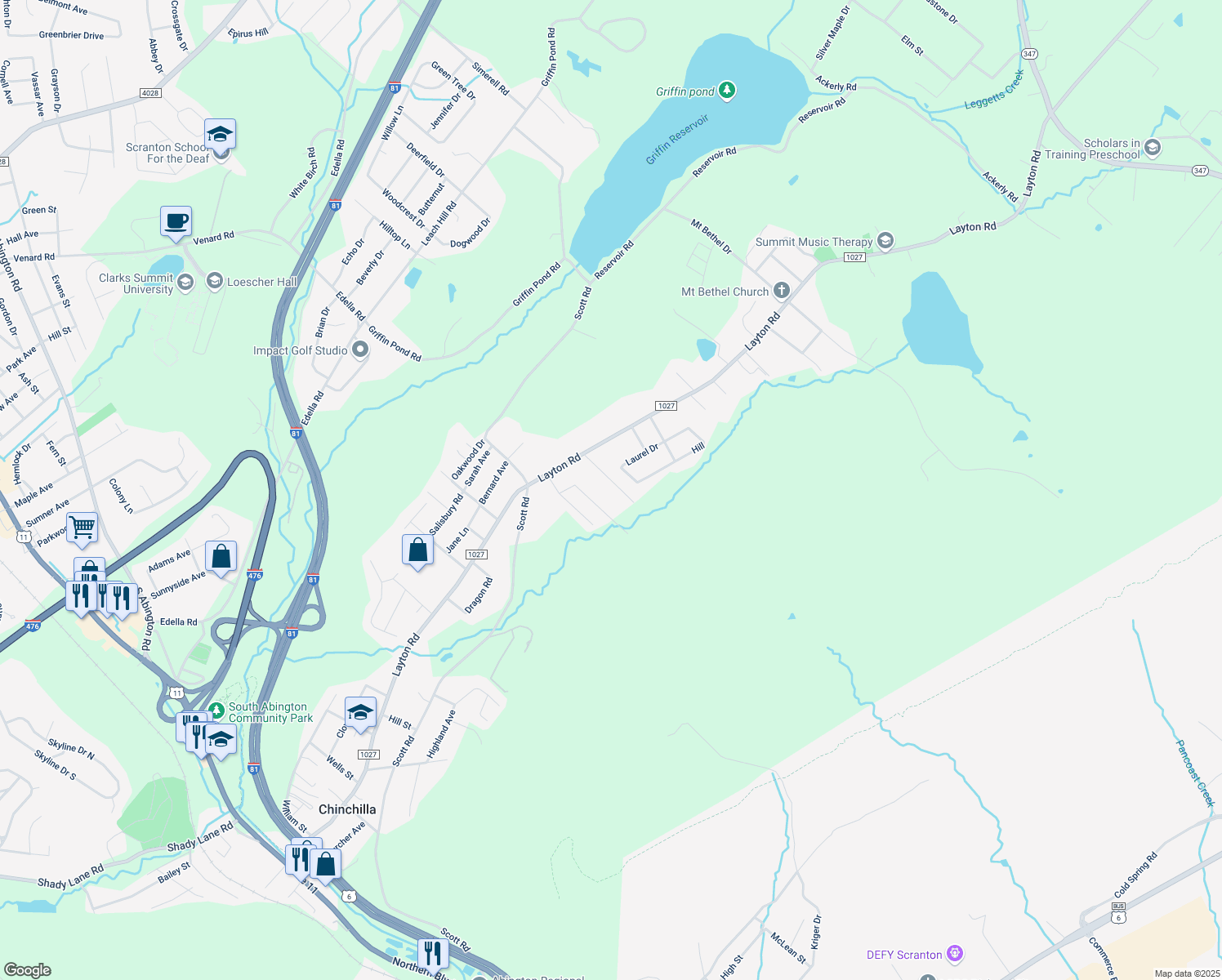 map of restaurants, bars, coffee shops, grocery stores, and more near 211 Barry Drive in Clarks Summit