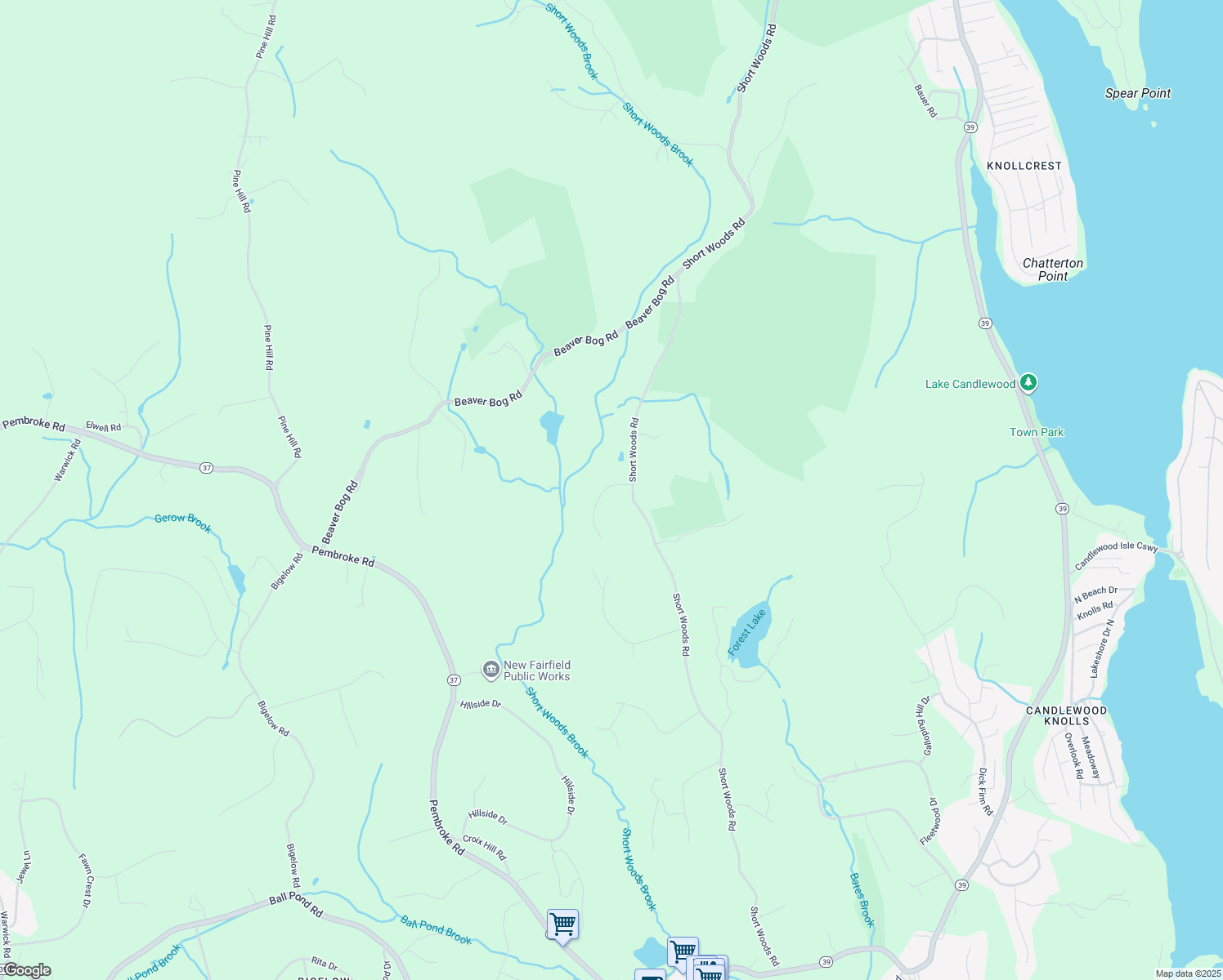 map of restaurants, bars, coffee shops, grocery stores, and more near 2 Peaceful Drive in New Fairfield