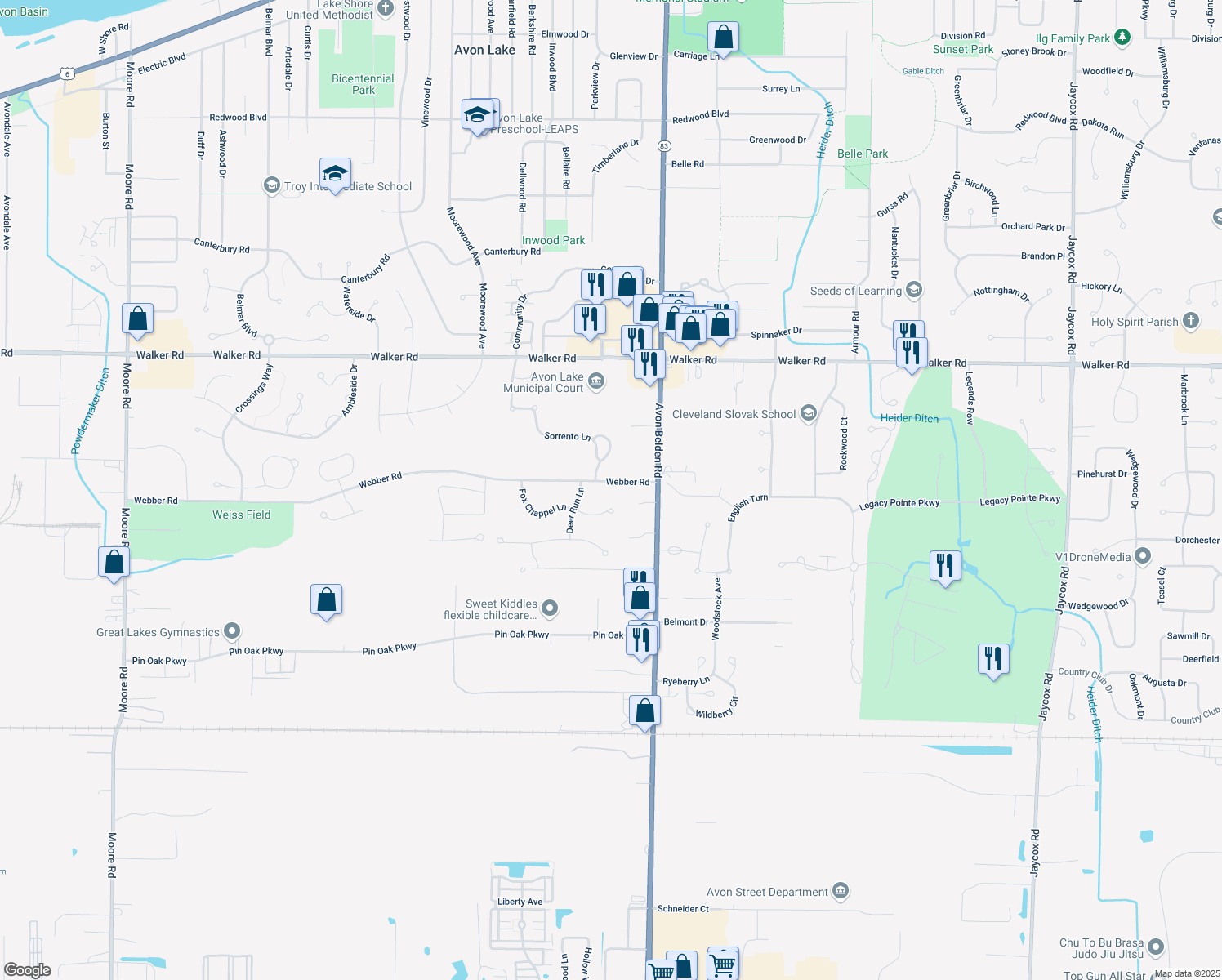 map of restaurants, bars, coffee shops, grocery stores, and more near 32791 Webber Road in Avon Lake
