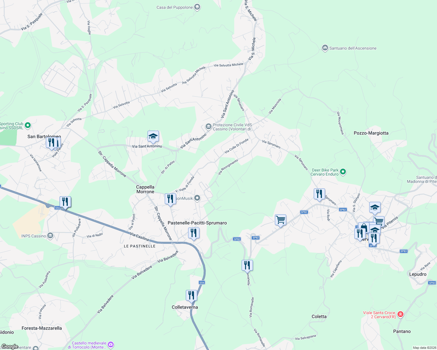 map of restaurants, bars, coffee shops, grocery stores, and more near 15 Via Fionda in Provincia di Frosinone