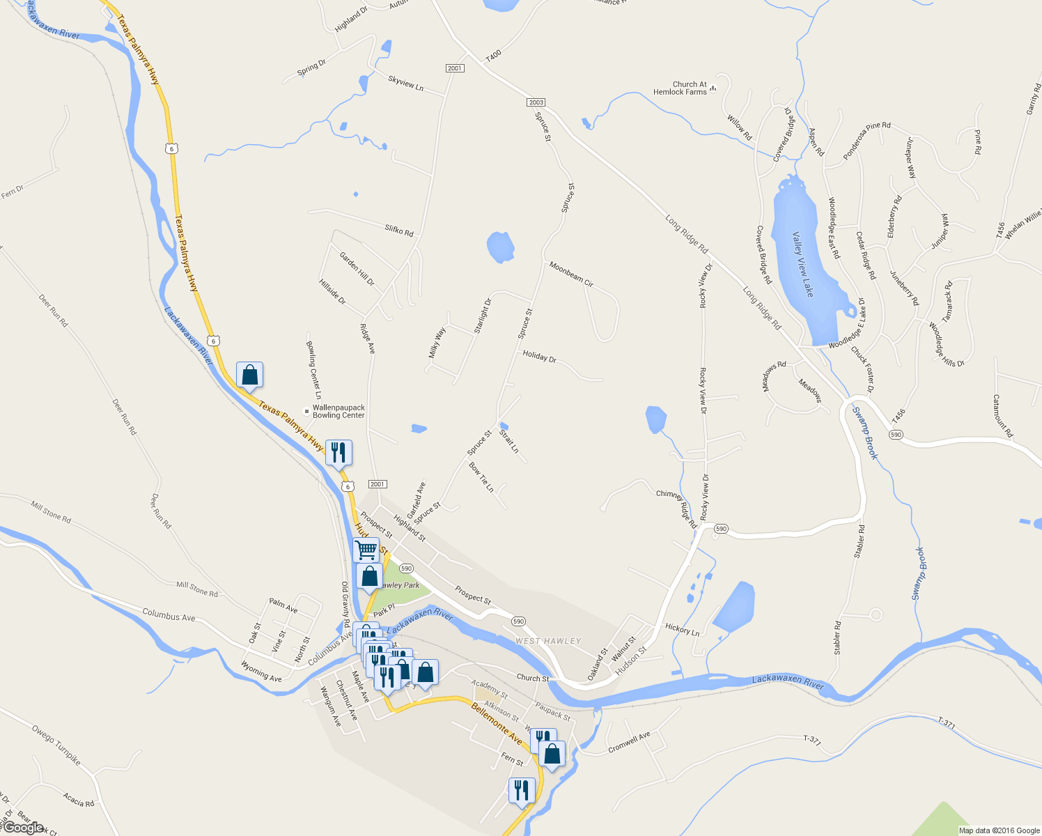 map of restaurants, bars, coffee shops, grocery stores, and more near 12 Alexander Lane in Hawley