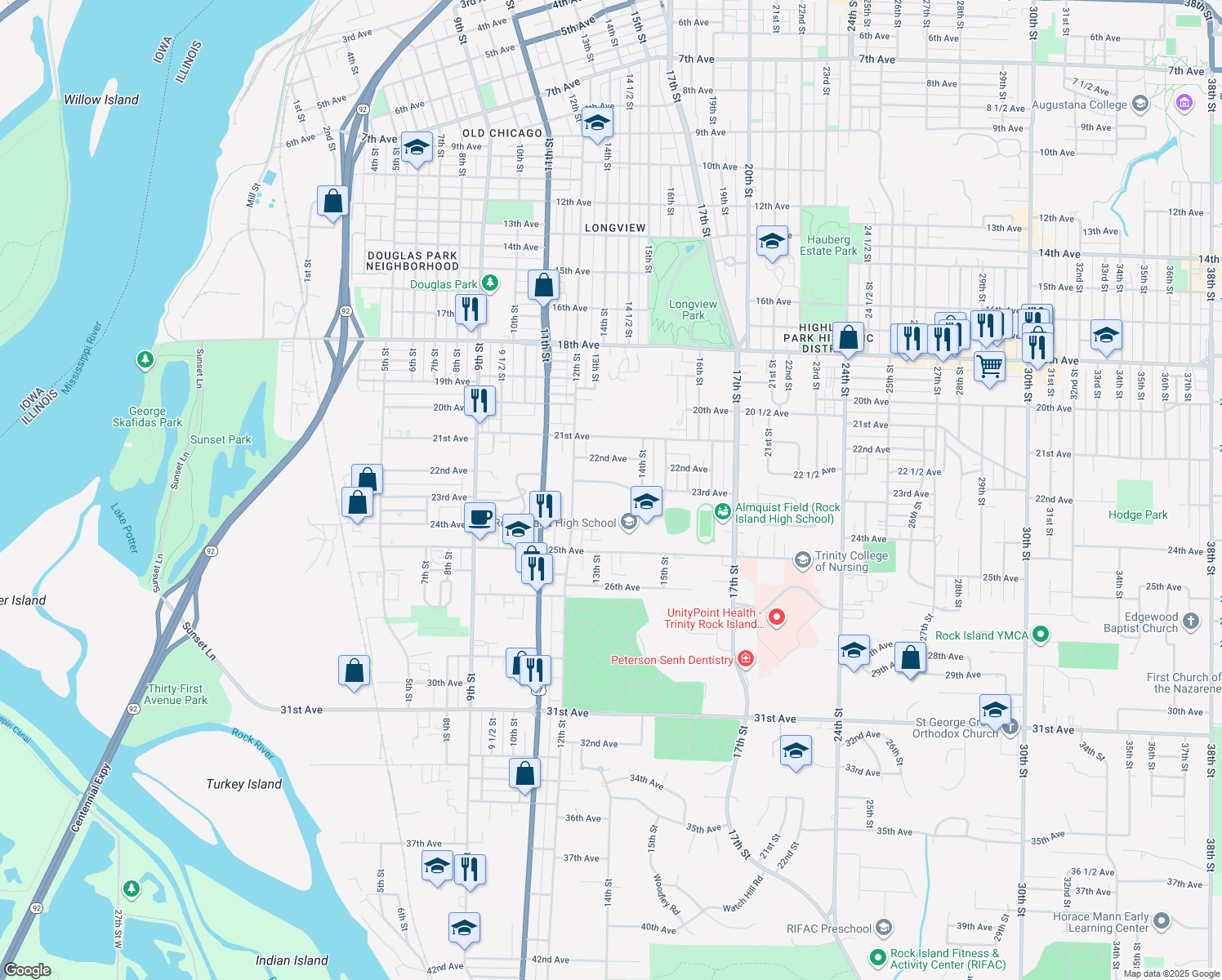 map of restaurants, bars, coffee shops, grocery stores, and more near 1314 23rd Ave in Rock Island