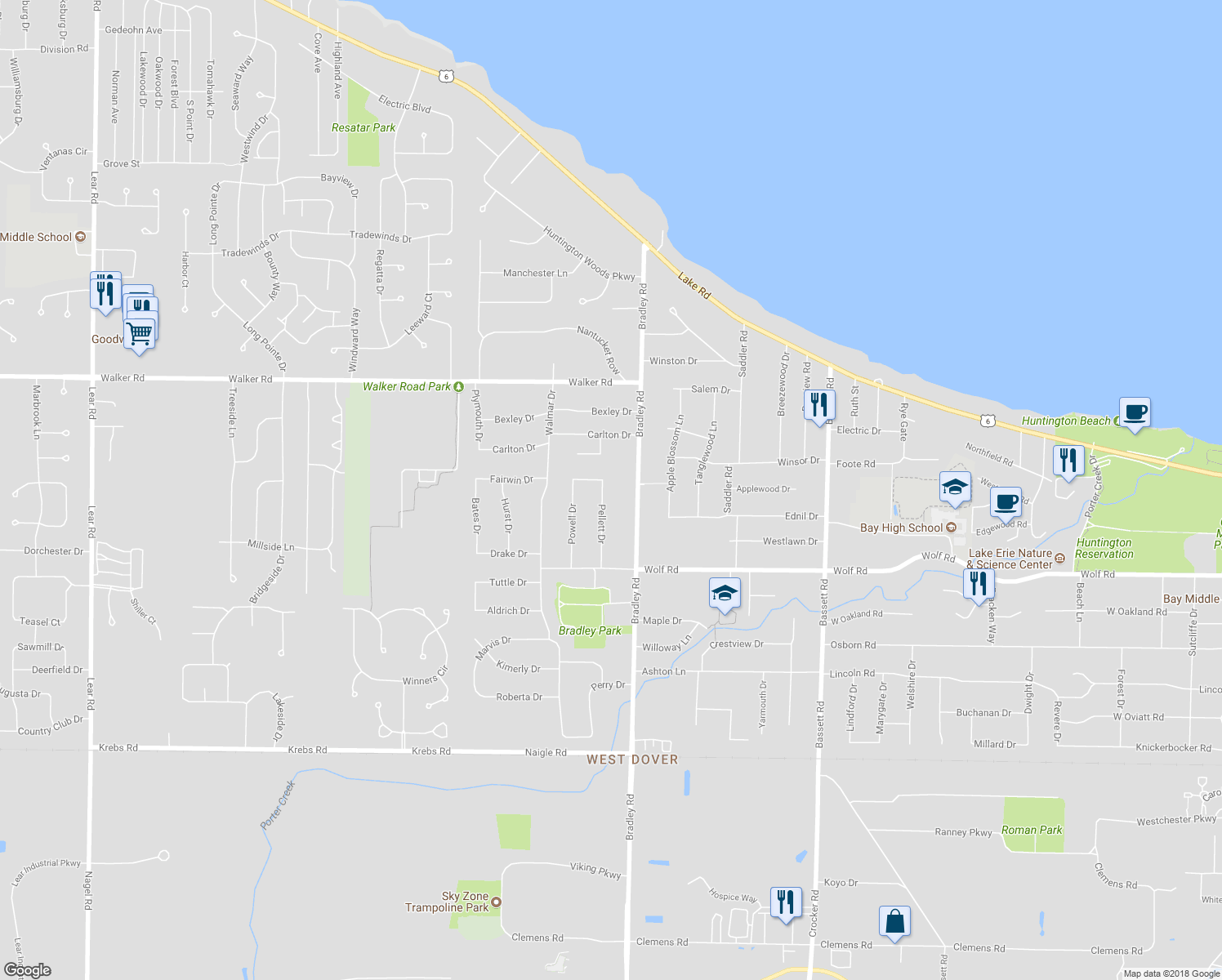 map of restaurants, bars, coffee shops, grocery stores, and more near 385 Pellett Drive in Bay Village