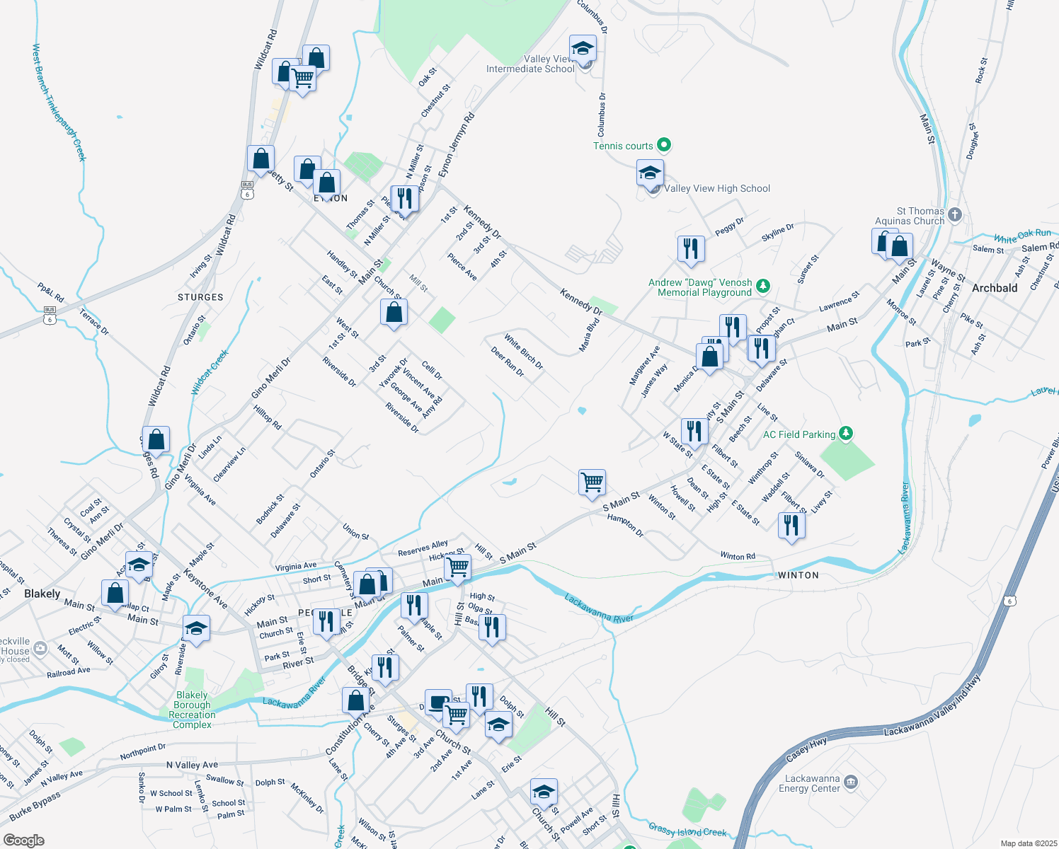 map of restaurants, bars, coffee shops, grocery stores, and more near 433 W Church St in Archbald