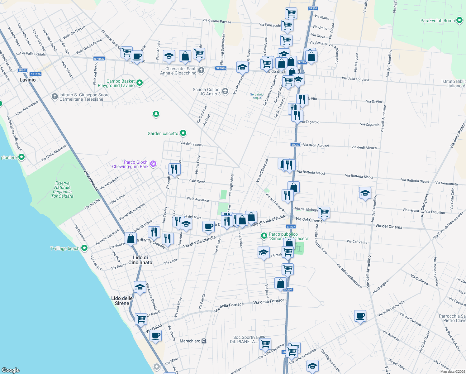 map of restaurants, bars, coffee shops, grocery stores, and more near 86 Viale Roma in Anzio