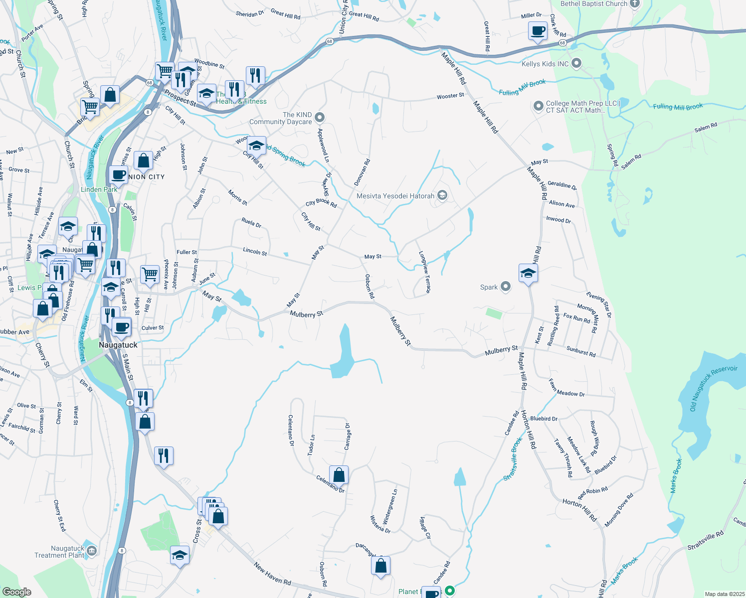 map of restaurants, bars, coffee shops, grocery stores, and more near 258 Osborn Rd in Naugatuck