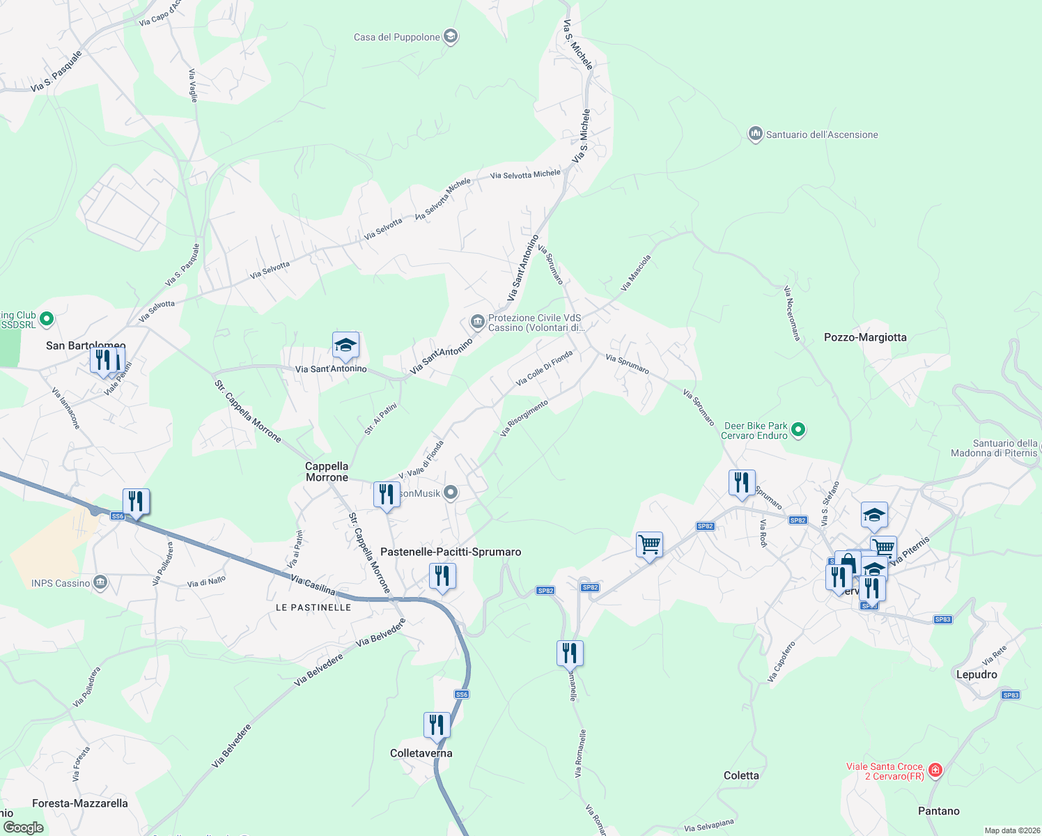 map of restaurants, bars, coffee shops, grocery stores, and more near 15 Via Fionda in Provincia di Frosinone