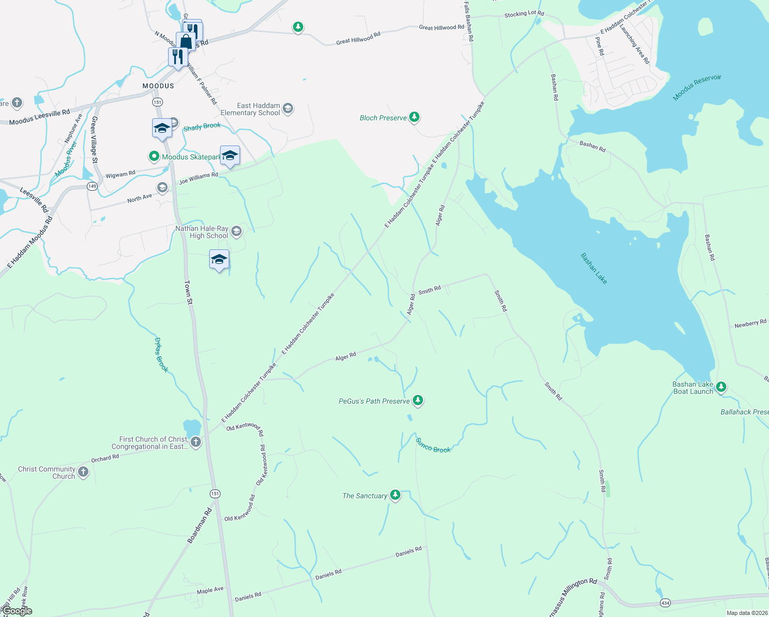 map of restaurants, bars, coffee shops, grocery stores, and more near 63 Alger Road in East Haddam