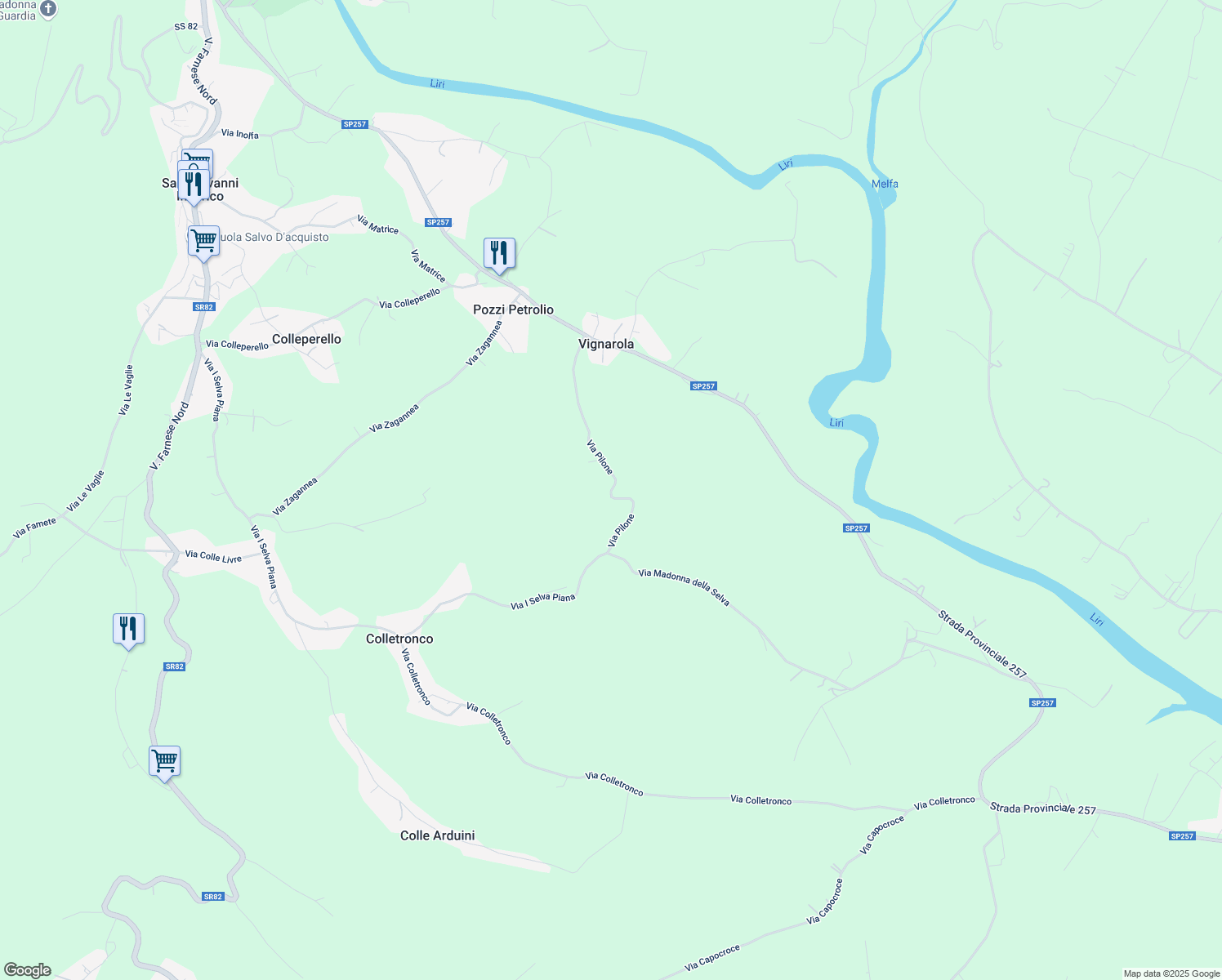 map of restaurants, bars, coffee shops, grocery stores, and more near 9 Via Pilone in Provincia di Frosinone